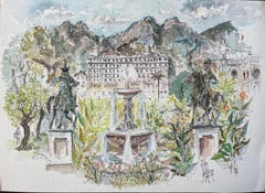 Acquerello francese dei giardini di Monte Carlo sulle colline di Monaco