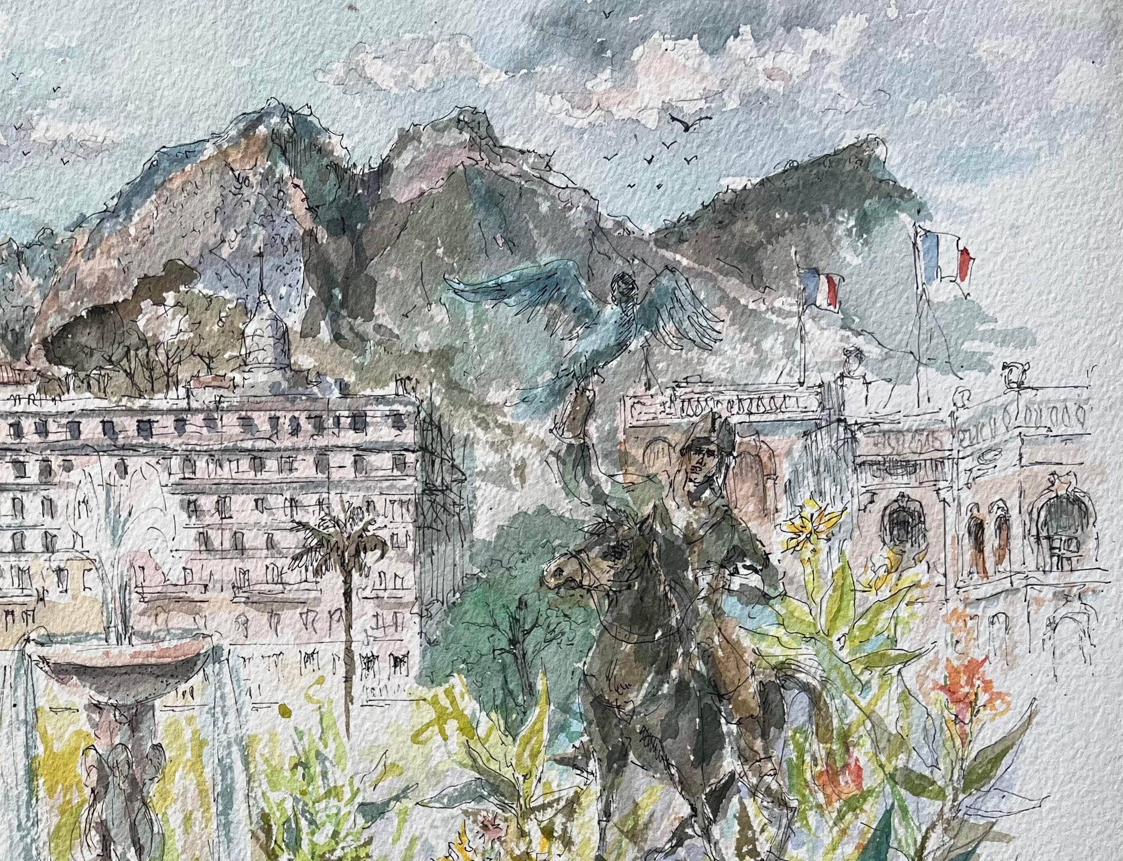 French Watercolor of Monte Carlo Gardens Set Against the Monaco Hills For Sale 1