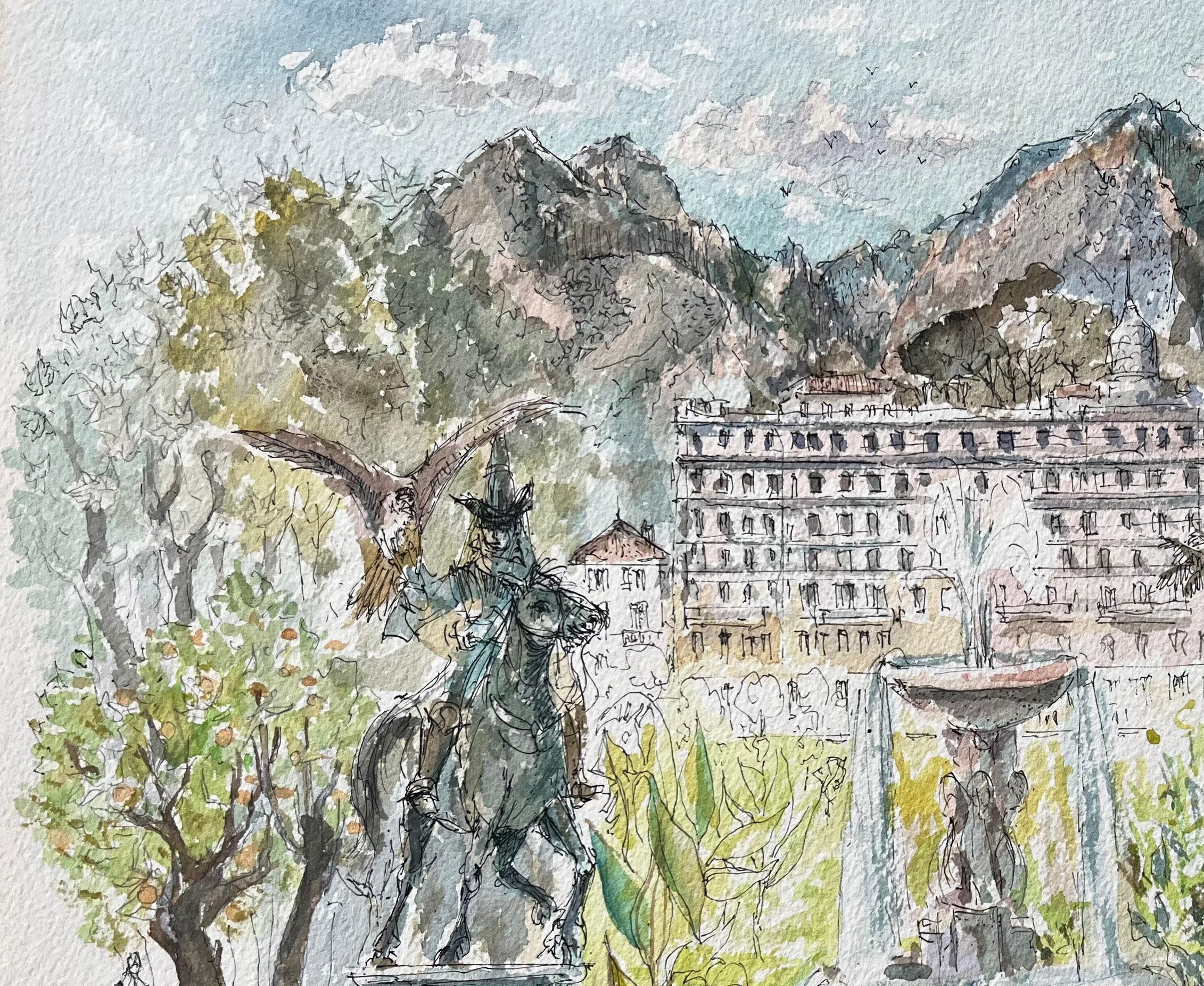 Title: French Watercolor of Monte Carlo Gardens Set Against the Monaco Hills
by Robert Lepine (French, 1929 - 2017)
Signed: Yes
Medium: Watercolor painting on artists paper, unframed
Size: 11.75 x 16.25 (height x width)
Condition: Very
