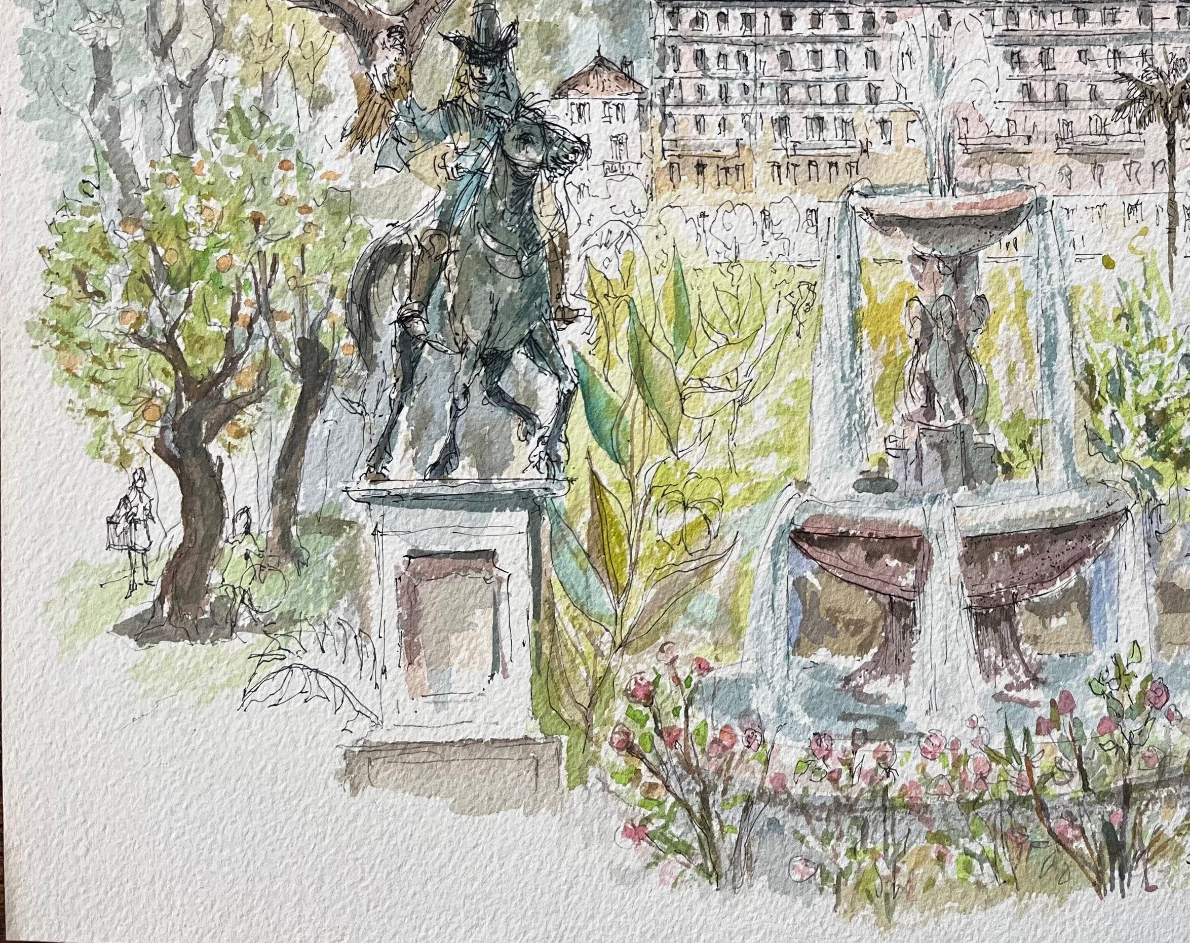French Watercolor of Monte Carlo Gardens Set Against the Monaco Hills - French School Painting by Robert Lepine (1929 - 2017)