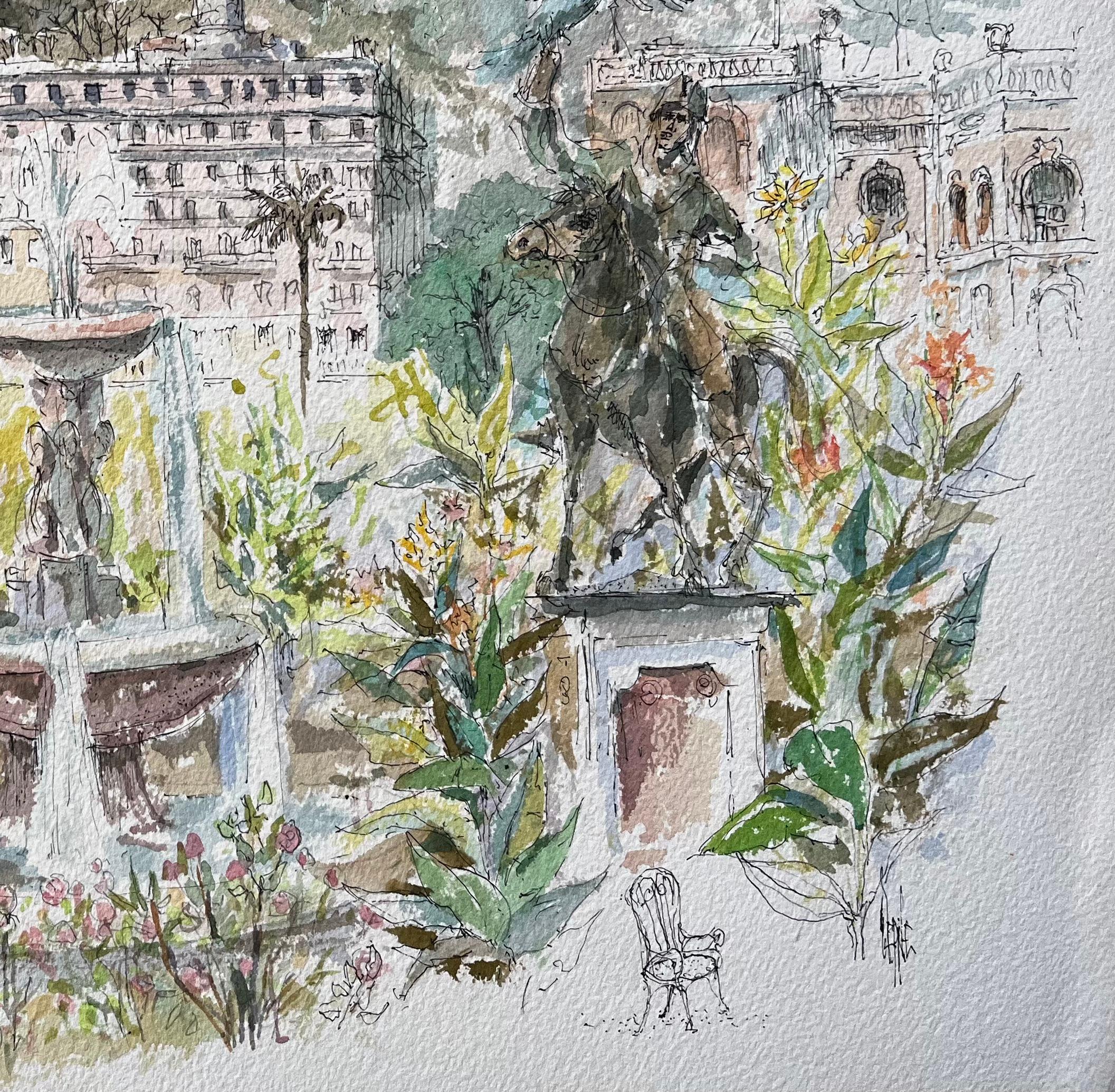 French Watercolor of Monte Carlo Gardens Set Against the Monaco Hills - Gray Landscape Painting by Robert Lepine (1929 - 2017)