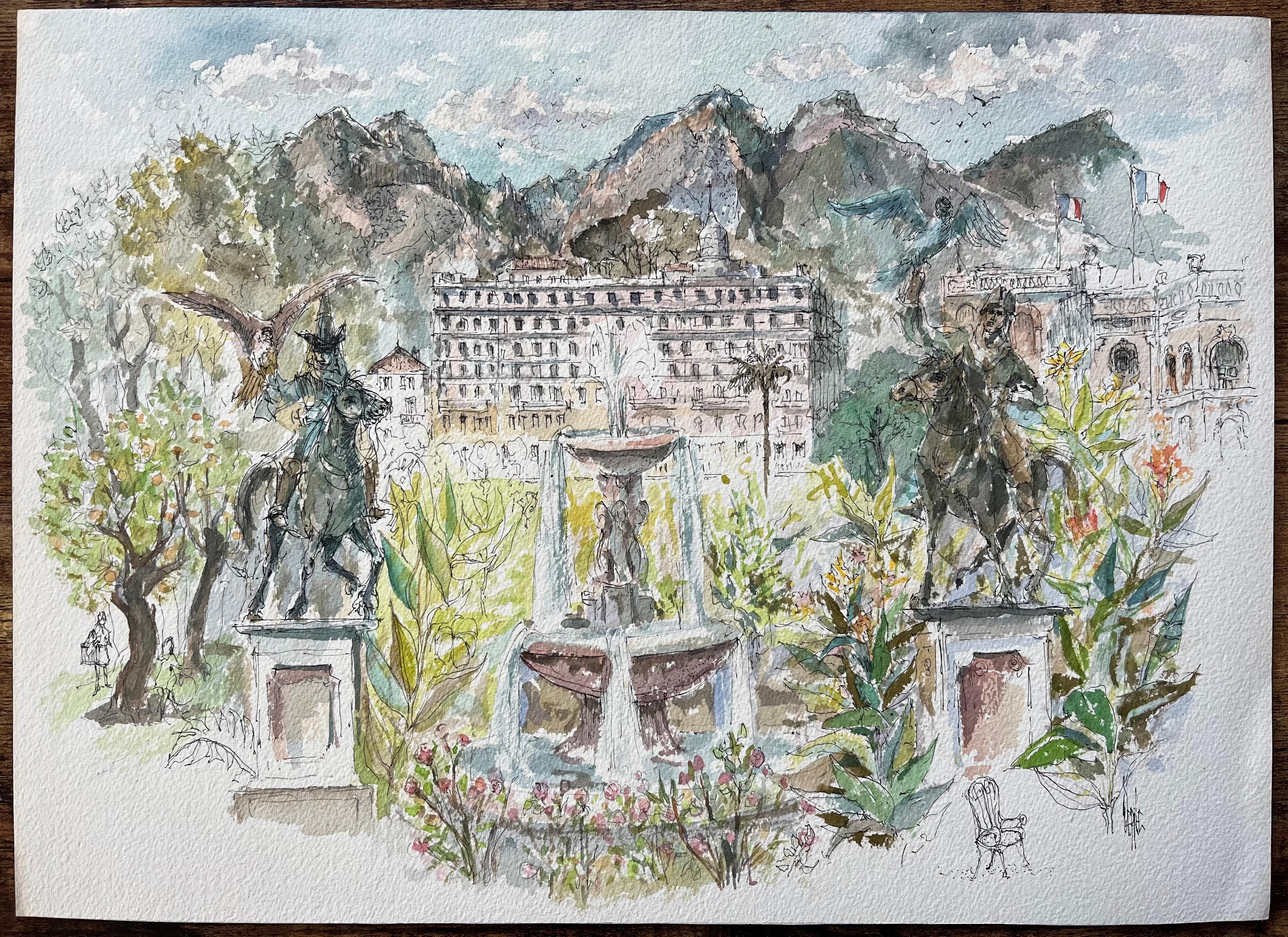 French Watercolor of Monte Carlo Gardens Set Against the Monaco Hills - Painting by Robert Lepine (1929 - 2017)