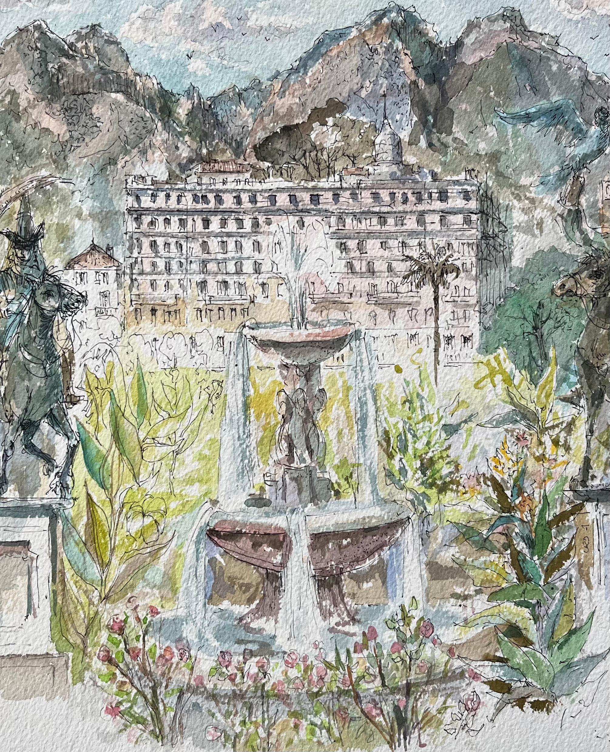 French Watercolor of Monte Carlo Gardens Set Against the Monaco Hills For Sale 2