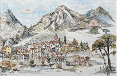 French Watercolor of Castellar Village with Mountainous Backdrop