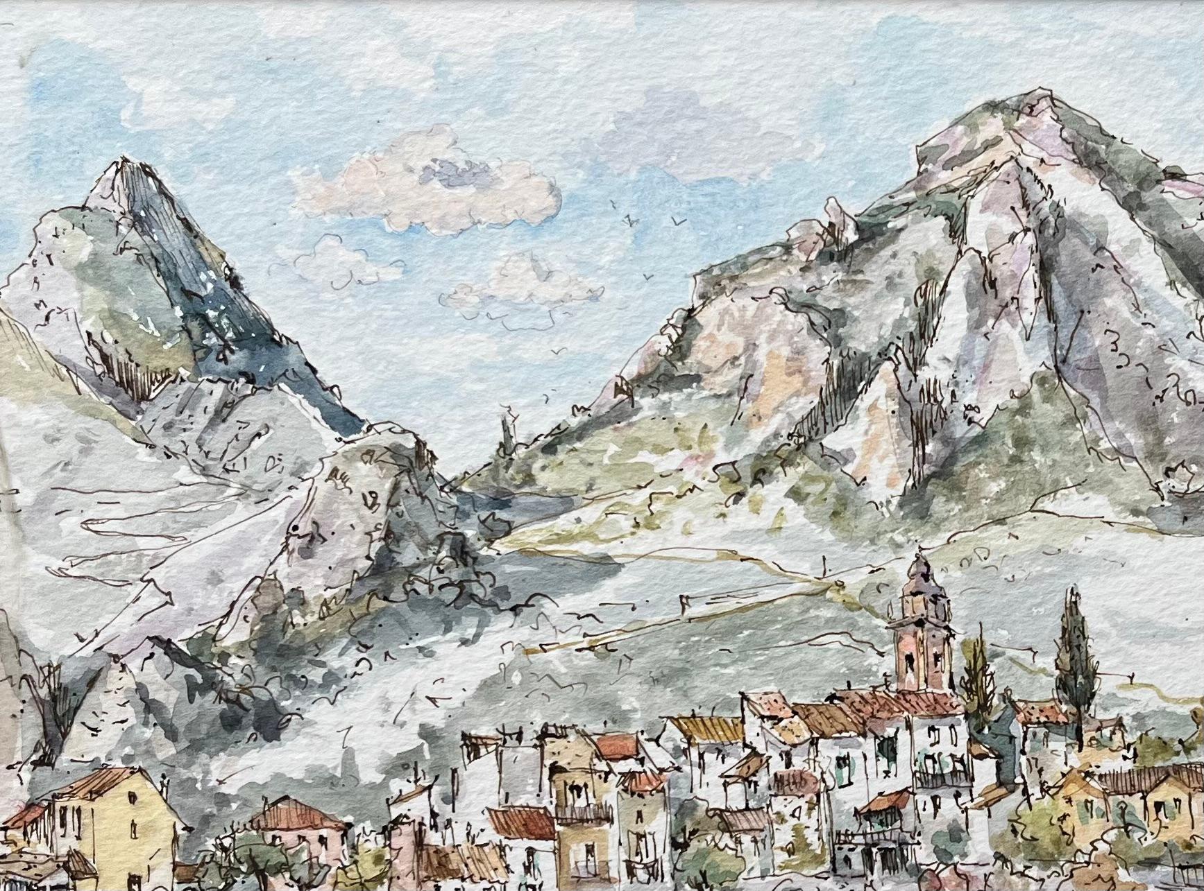 Acuarela francesa de pueblo de Castellar con fondo montañoso - Landscape Painting Gris de Robert Lepine (1929 - 2017)