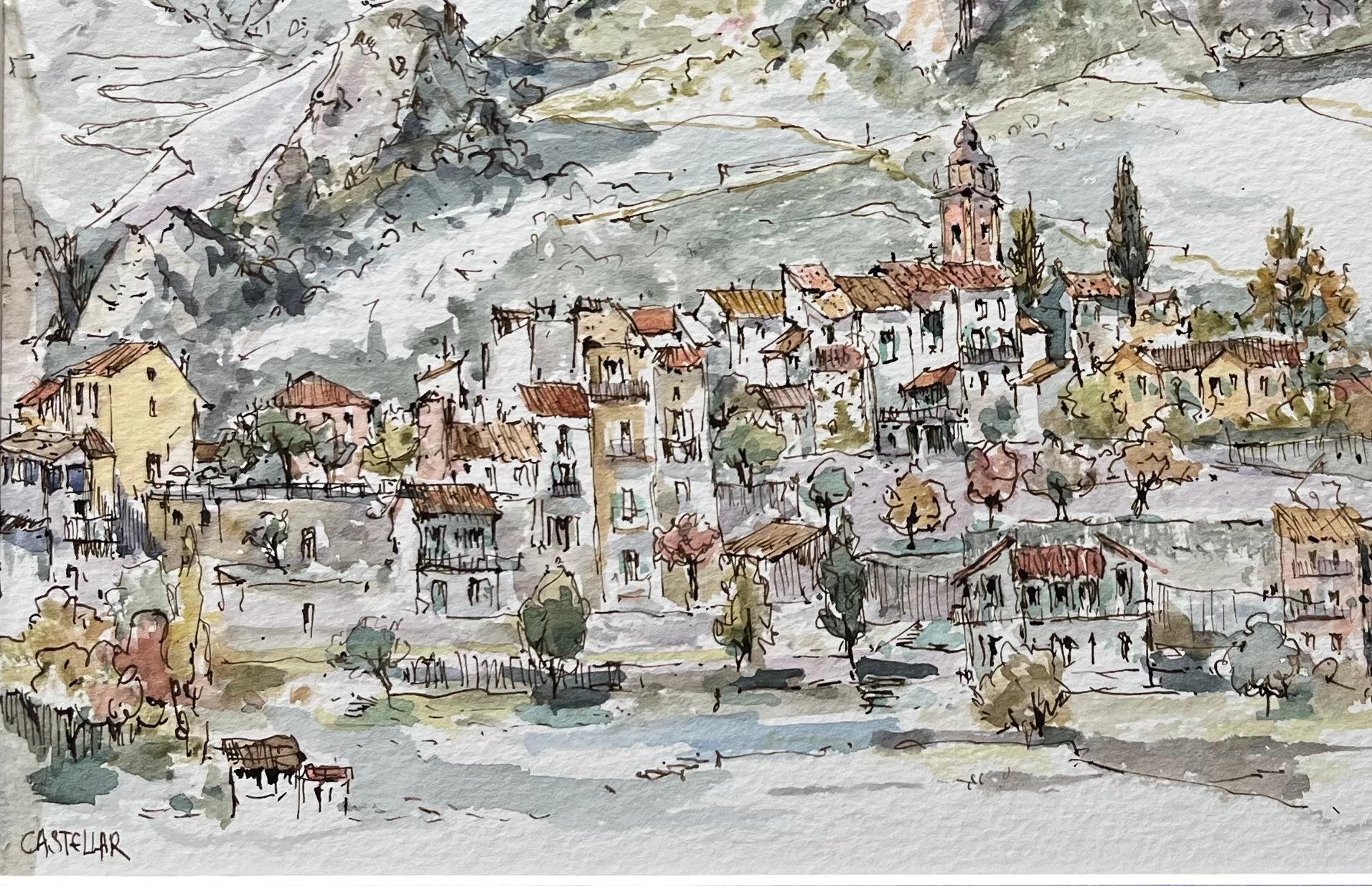 Acuarela francesa de pueblo de Castellar con fondo montañoso - Painting Escuela francesa de Robert Lepine (1929 - 2017)