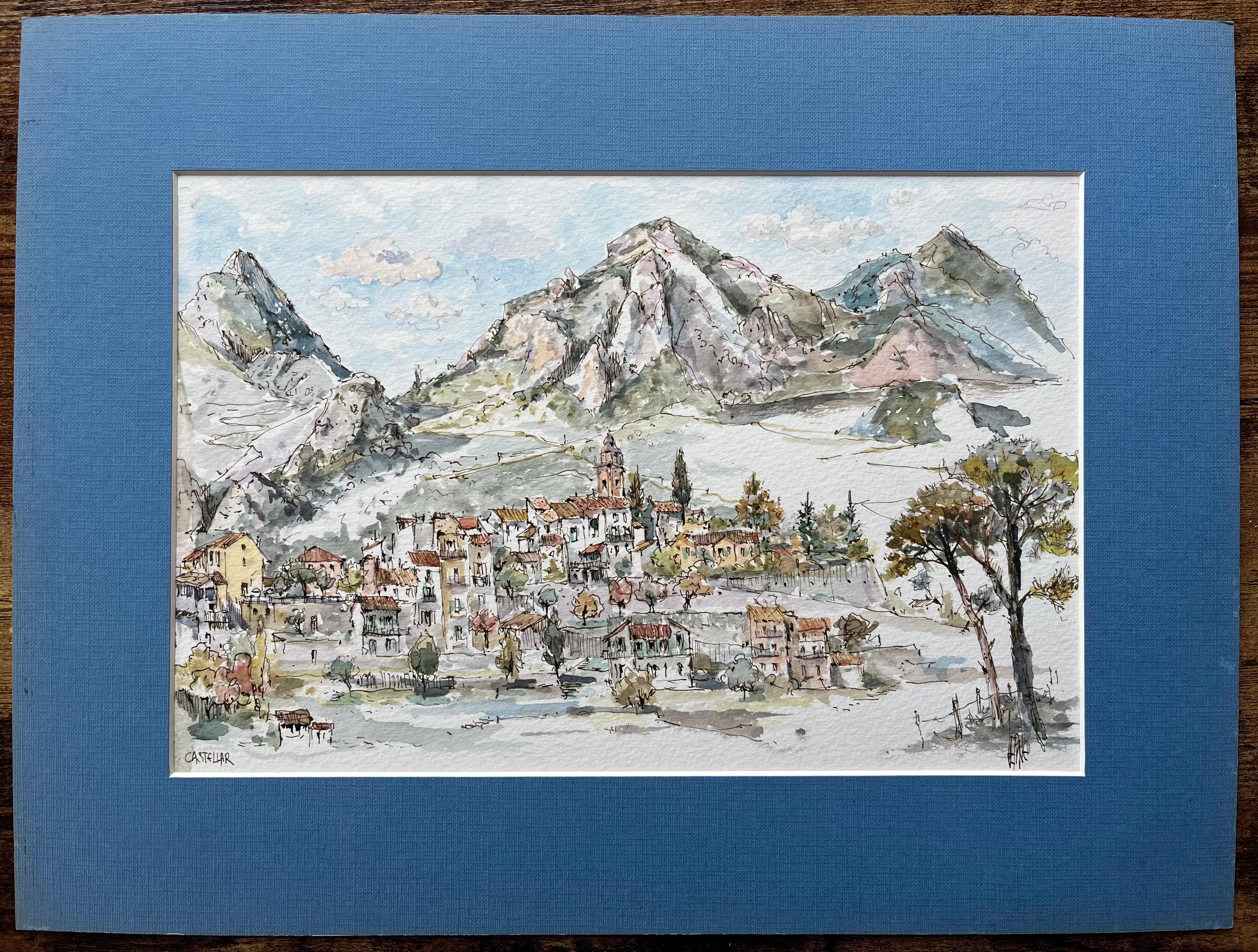 Acuarela francesa de pueblo de Castellar con fondo montañoso - Painting de Robert Lepine (1929 - 2017)