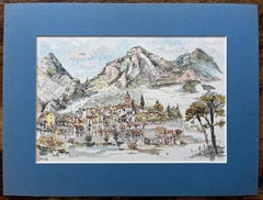 Aquarelle française du village de Castellar avec toile de fond montagneuse