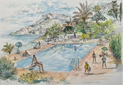 Aquarelle de La Résidence du Cap au bord de la piscine avec vue sur la côte