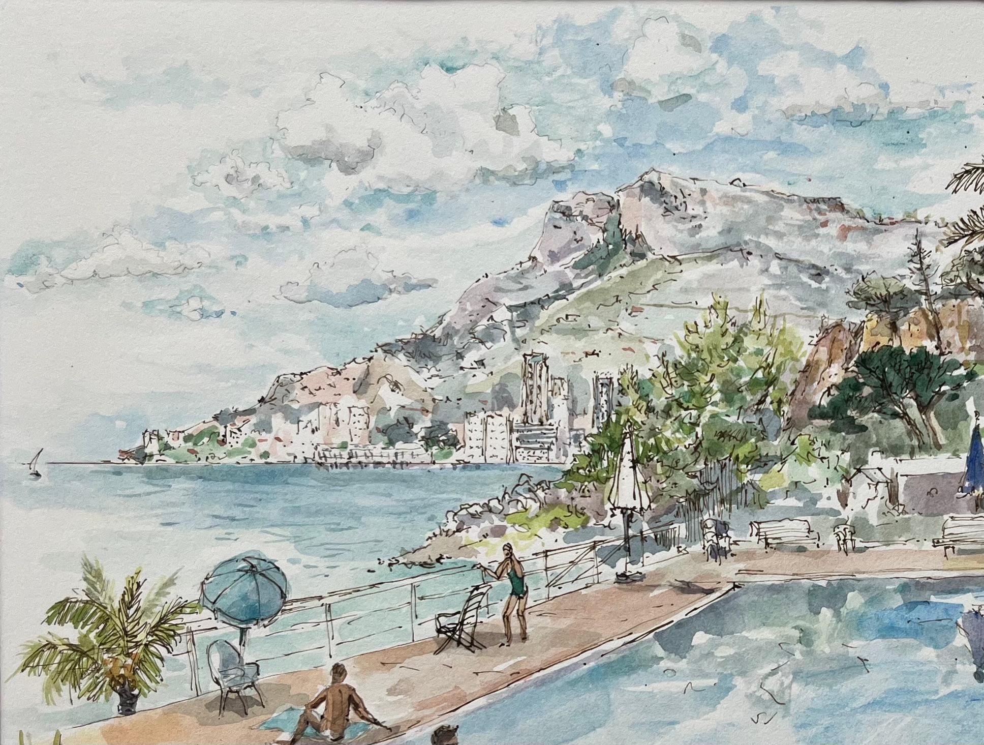Acuarela francesa de La Résidence du Cap junto a la piscina con vistas a la costa - Landscape Painting Gris de Robert Lepine (1929 - 2017)