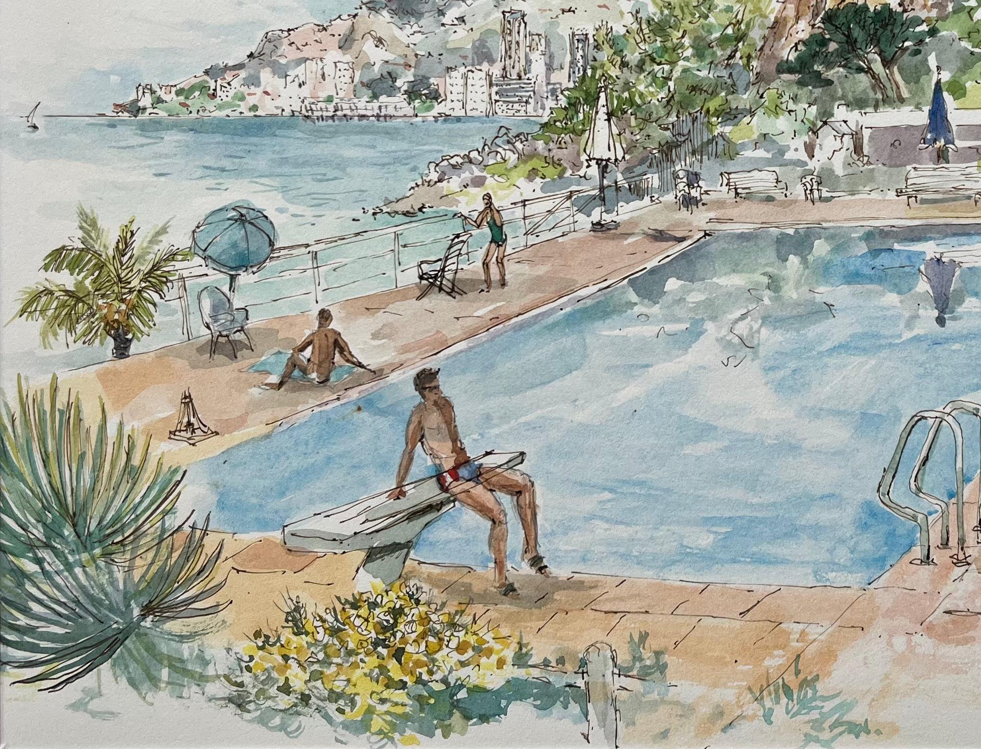 Acuarela francesa de La Résidence du Cap junto a la piscina con vistas a la costa - Painting Escuela francesa de Robert Lepine (1929 - 2017)