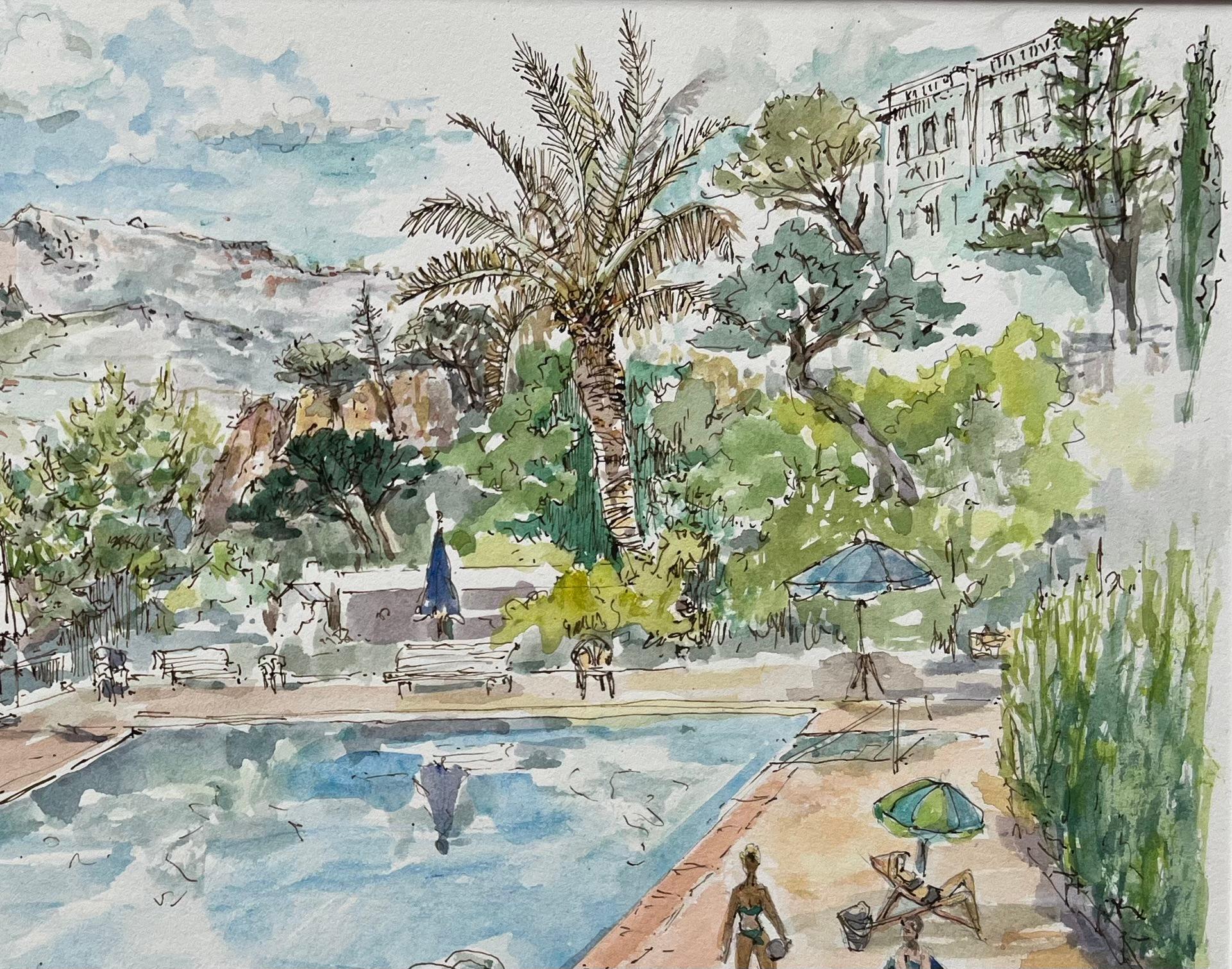 Título: Acuarela francesa de La Résidence du Cap junto a la piscina con vistas a la costa
de Robert Lepine (francés, 1929 - 2017)
Firmado: Sí
Técnica: Acuarela sobre papel de artista, montada sobre cartulina
Tamaño: 11,75 x 15,75 (alto x
