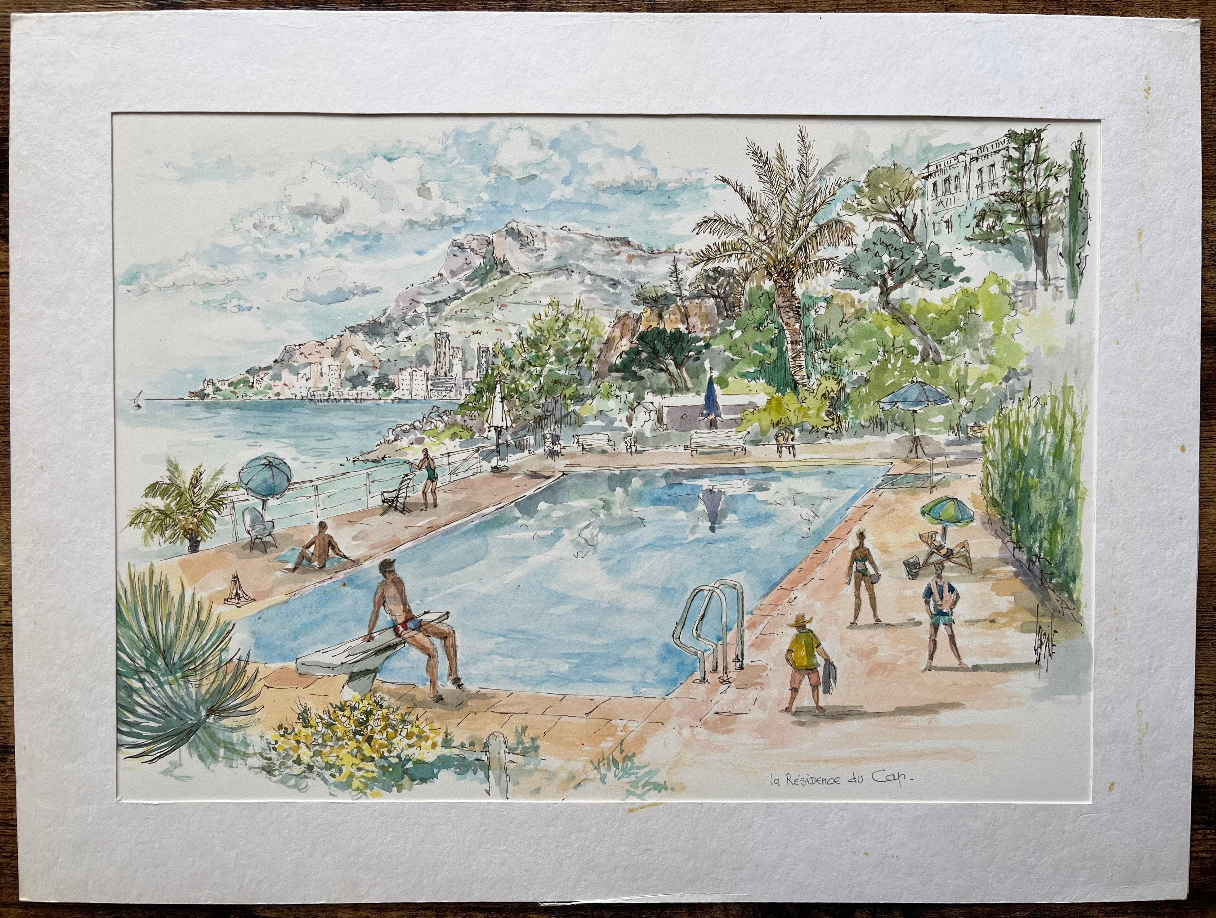 Acuarela francesa de La Résidence du Cap junto a la piscina con vistas a la costa - Painting de Robert Lepine (1929 - 2017)