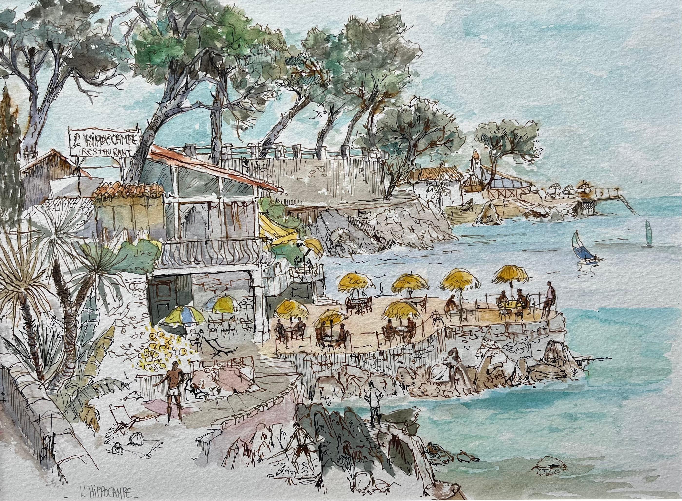 Robert Lepine (1929 - 2017) Landscape Painting – Französisches Aquarell des Strandfront-Restaurants von L'Hippocampe mit Küstenansichten