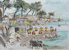 Acquerello francese del ristorante sulla spiaggia L'Hippocampe con vista sulla costa