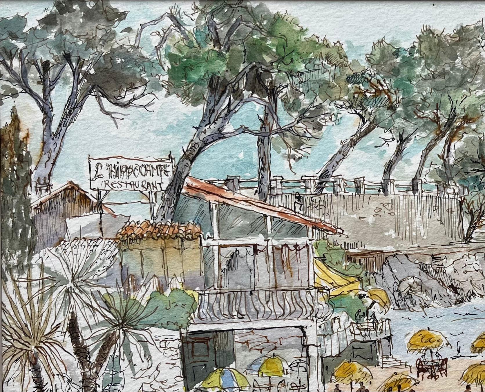 Französisches Aquarell des Strandfront-Restaurants von L'Hippocampe mit Küstenansichten (Grau), Landscape Painting, von Robert Lepine (1929 - 2017)