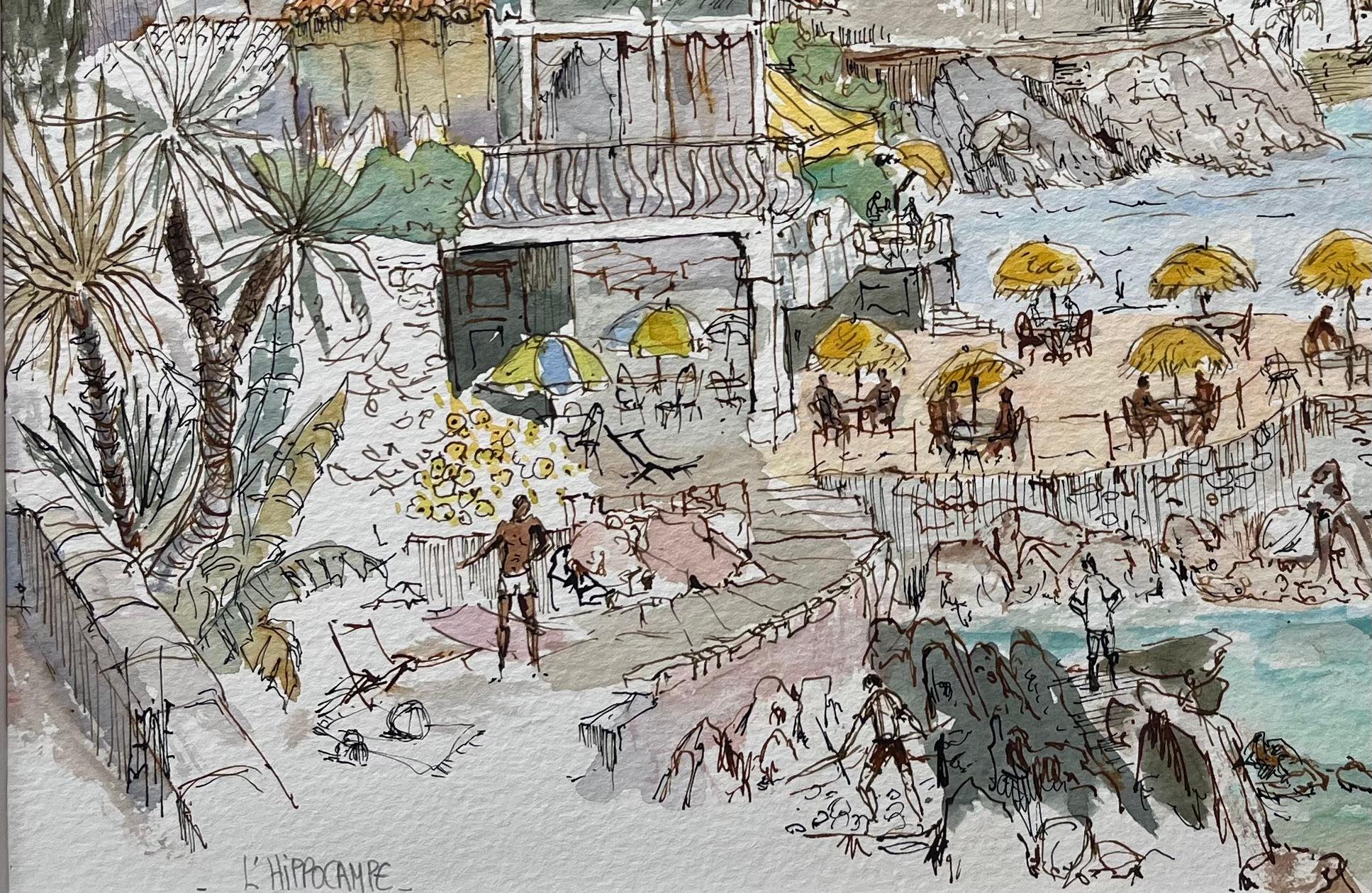 Französisches Aquarell des Strandfront-Restaurants von L'Hippocampe mit Küstenansichten (Französische Schule), Painting, von Robert Lepine (1929 - 2017)