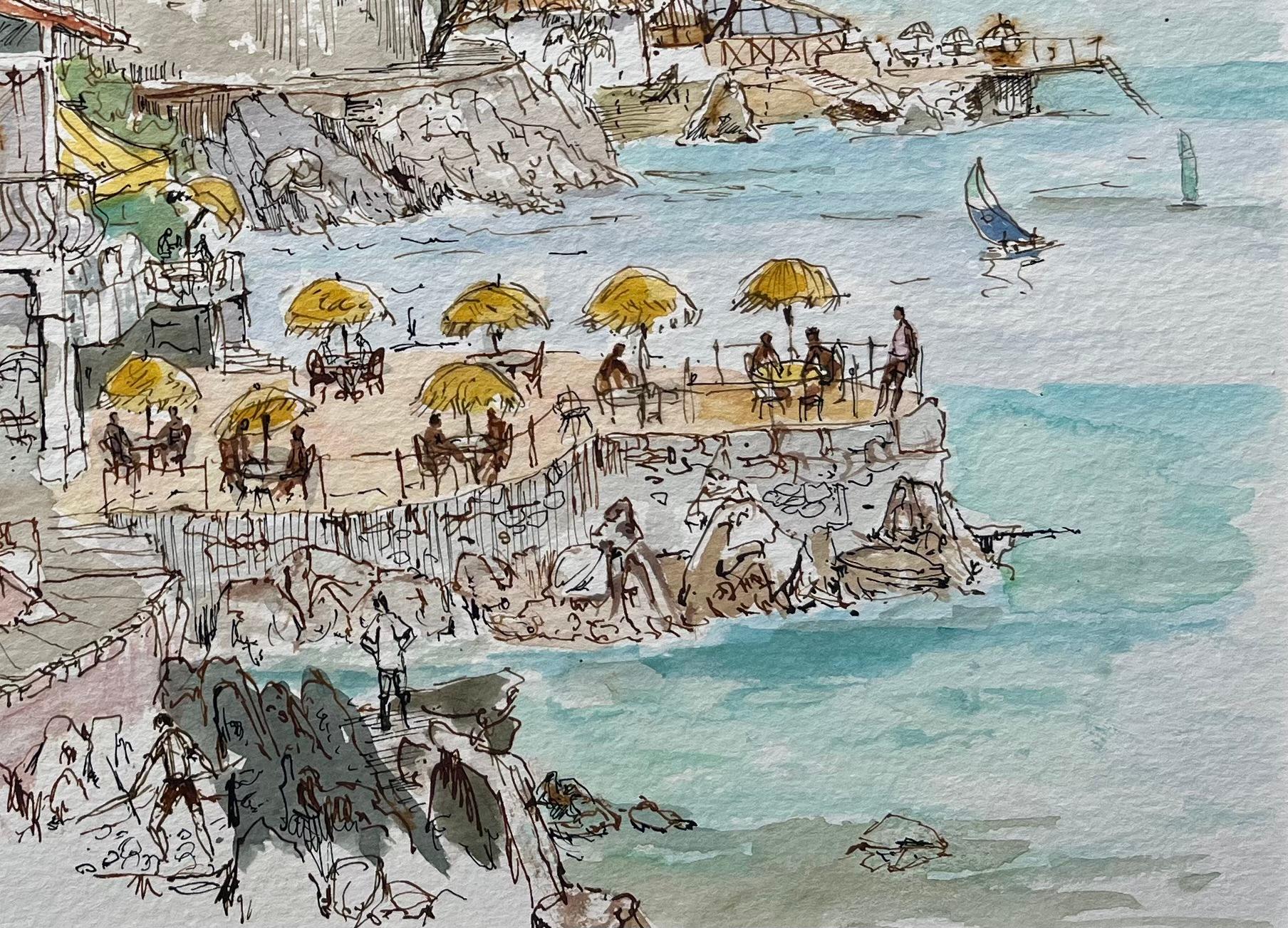 Titel: Französisches Aquarell des Strandrestaurants L'Hippocampe mit Blick auf die Küste
von Robert Lepine (Franzose, 1929 - 2017)
Unterschrieben: Ja
Medium: Aquarellmalerei auf Künstlerpapier, auf Karton aufgezogen
Größe: 11,75 x 15,75 (Höhe x