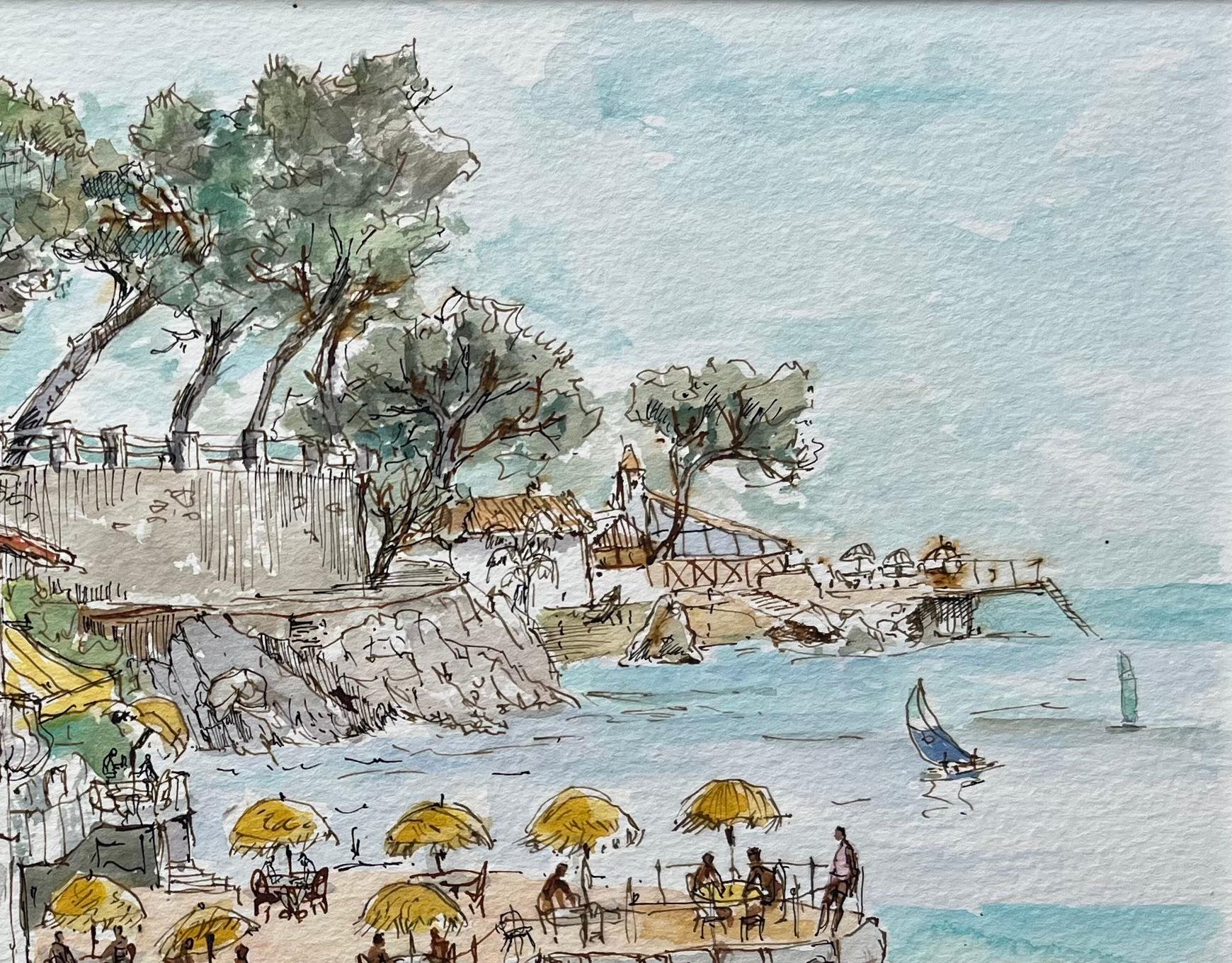 Französisches Aquarell des Strandfront-Restaurants von L'Hippocampe mit Küstenansichten im Angebot 1