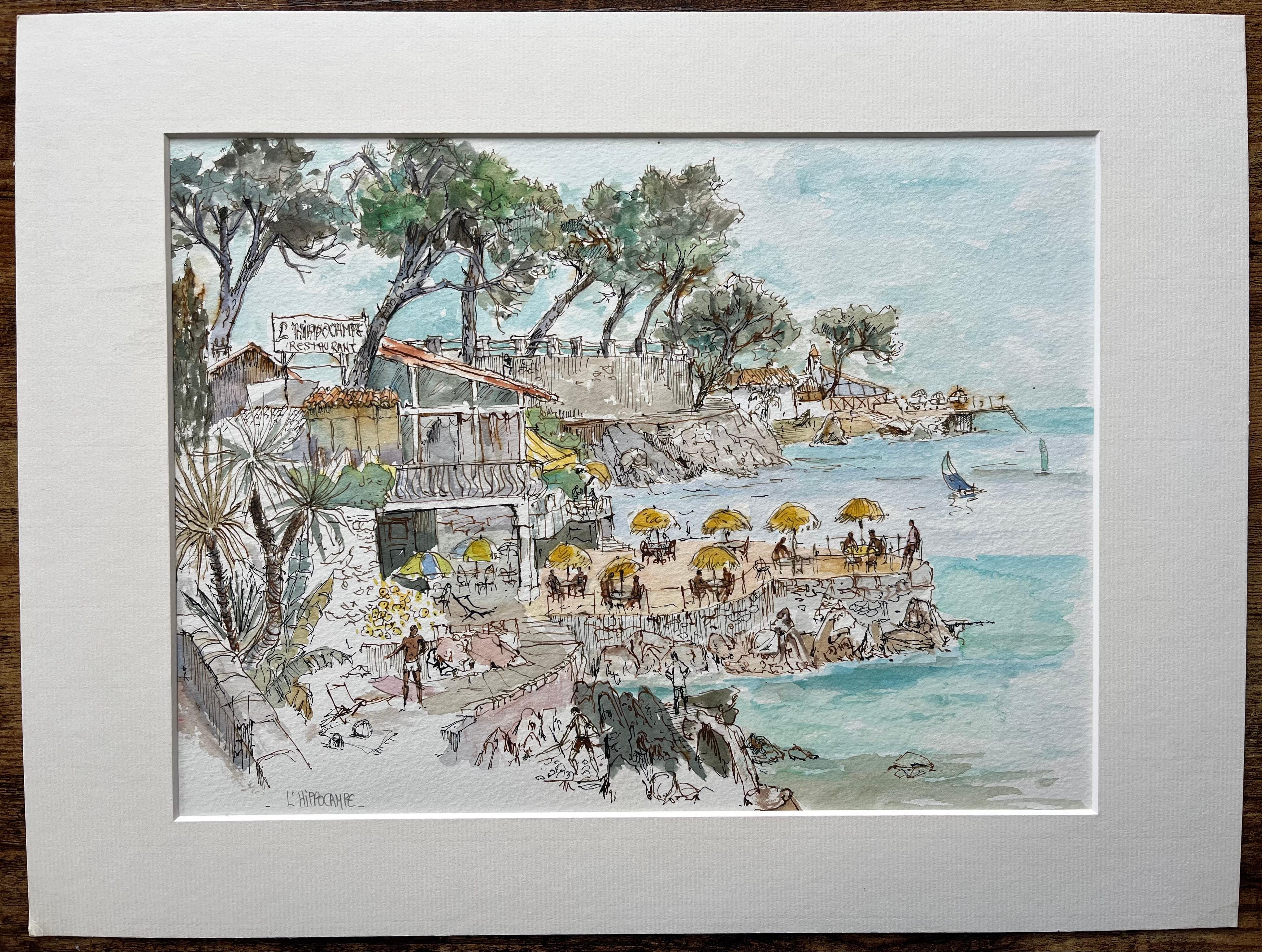 Französisches Aquarell des Strandfront-Restaurants von L'Hippocampe mit Küstenansichten – Painting von Robert Lepine (1929 - 2017)