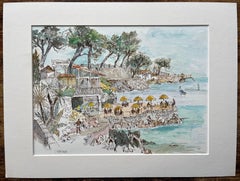 French Watercolor of L'Hippocampe Beachfront Restaurant with Coastal Views