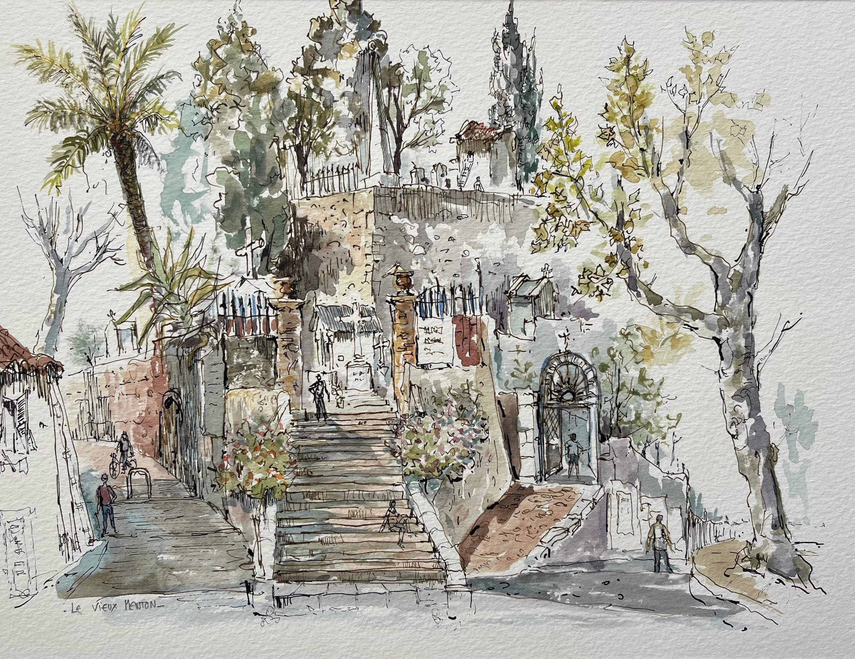 French Watercolor of Le Vieux Menton Staircase with Historic Architecture