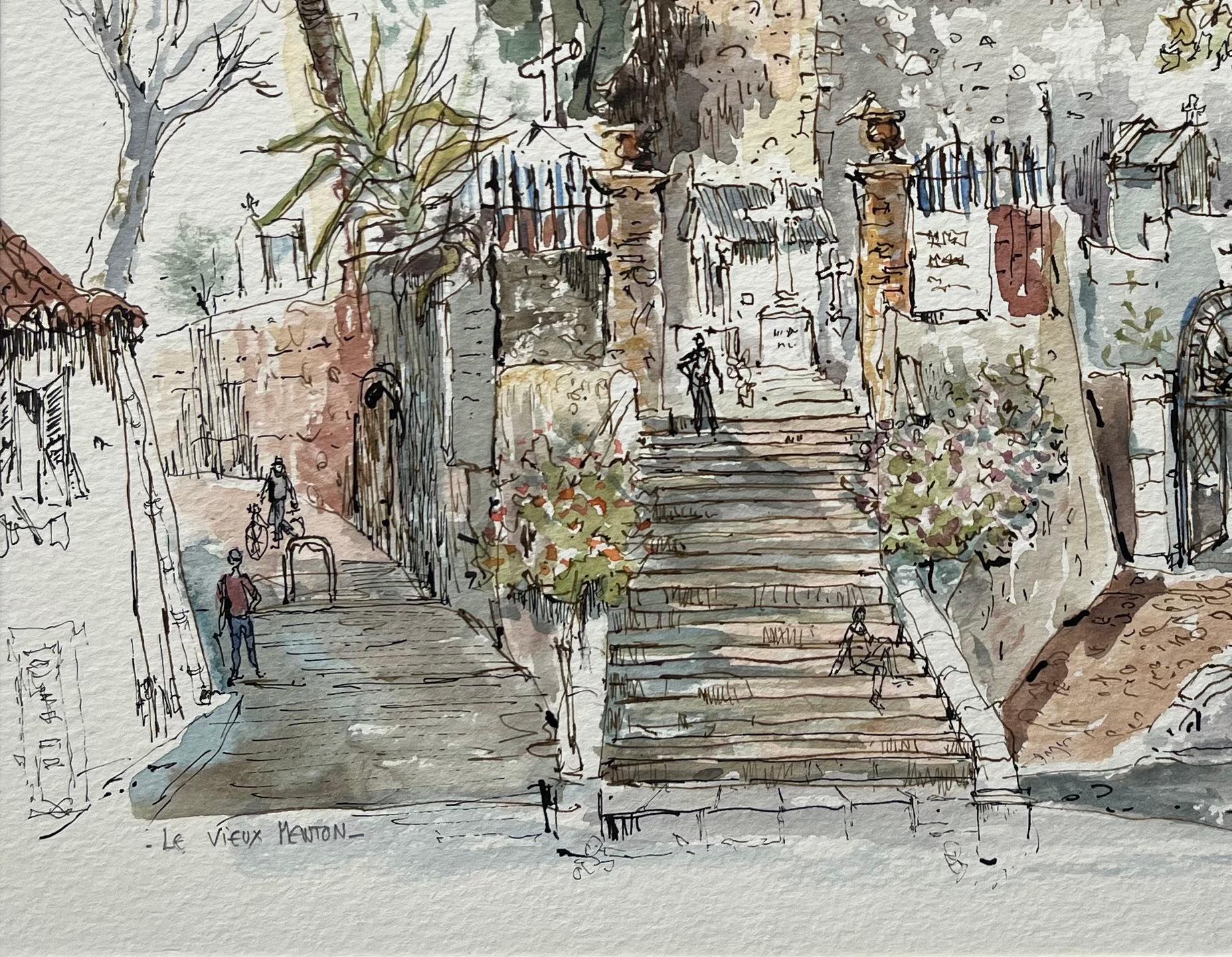 Acquerello francese della scalinata di Le Vieux Menton con architettura storica - Art Scuola francese di Robert Lepine (1929 - 2017)