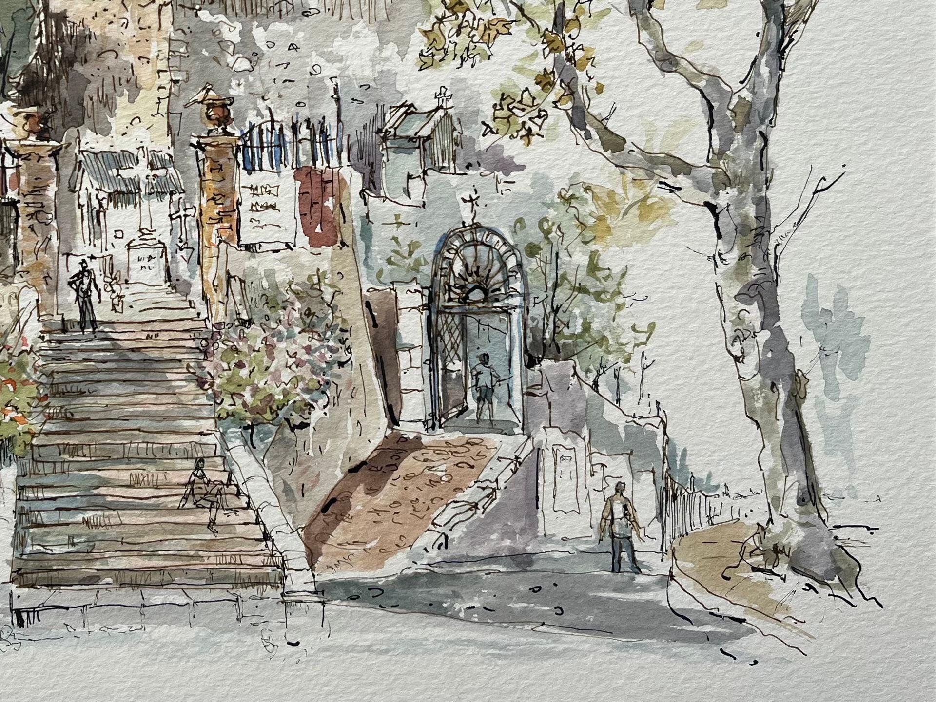 Titolo: Acquerello francese della scalinata di Le Vieux Menton con architettura storica
di Robert Lepine (francese, 1929 - 2017)
Firmato: Yes One
Mezzo: Acquerello su carta da artista, montato su cartoncino
Dimensioni: 11,75 x 15,75 (altezza x