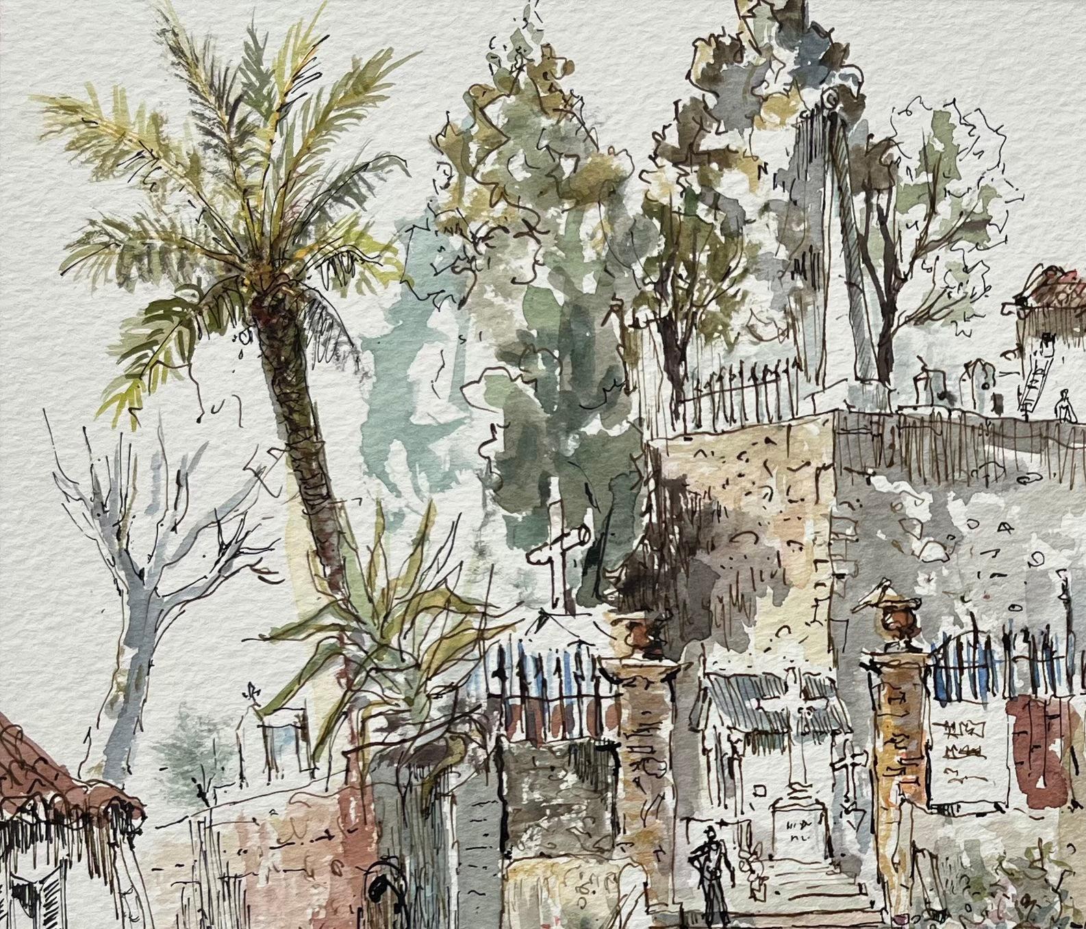 Acquerello francese della scalinata di Le Vieux Menton con architettura storica - Landscape Art Grigio di Robert Lepine (1929 - 2017)