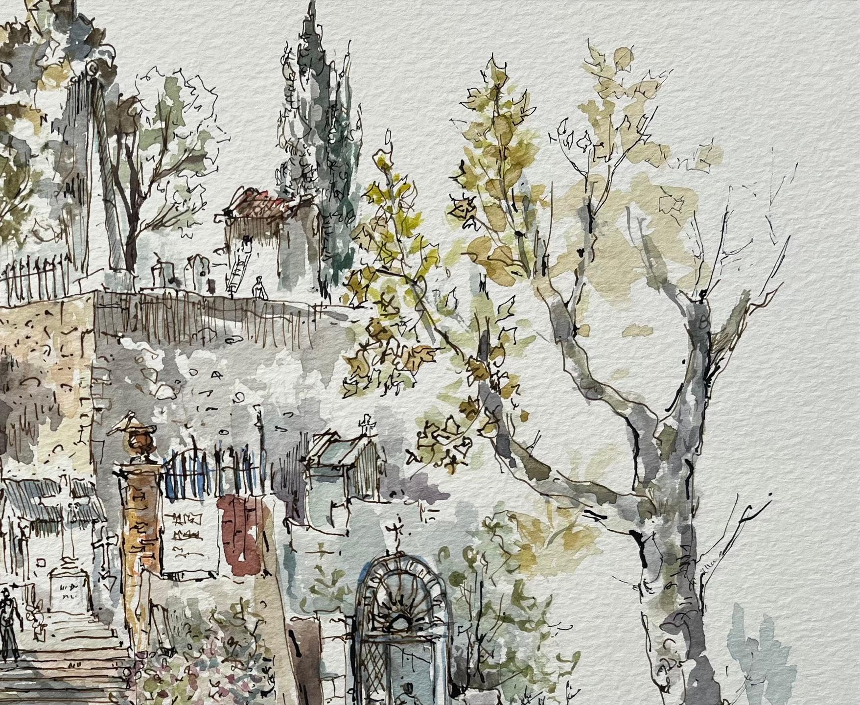 Acquerello francese della scalinata di Le Vieux Menton con architettura storica in vendita 1