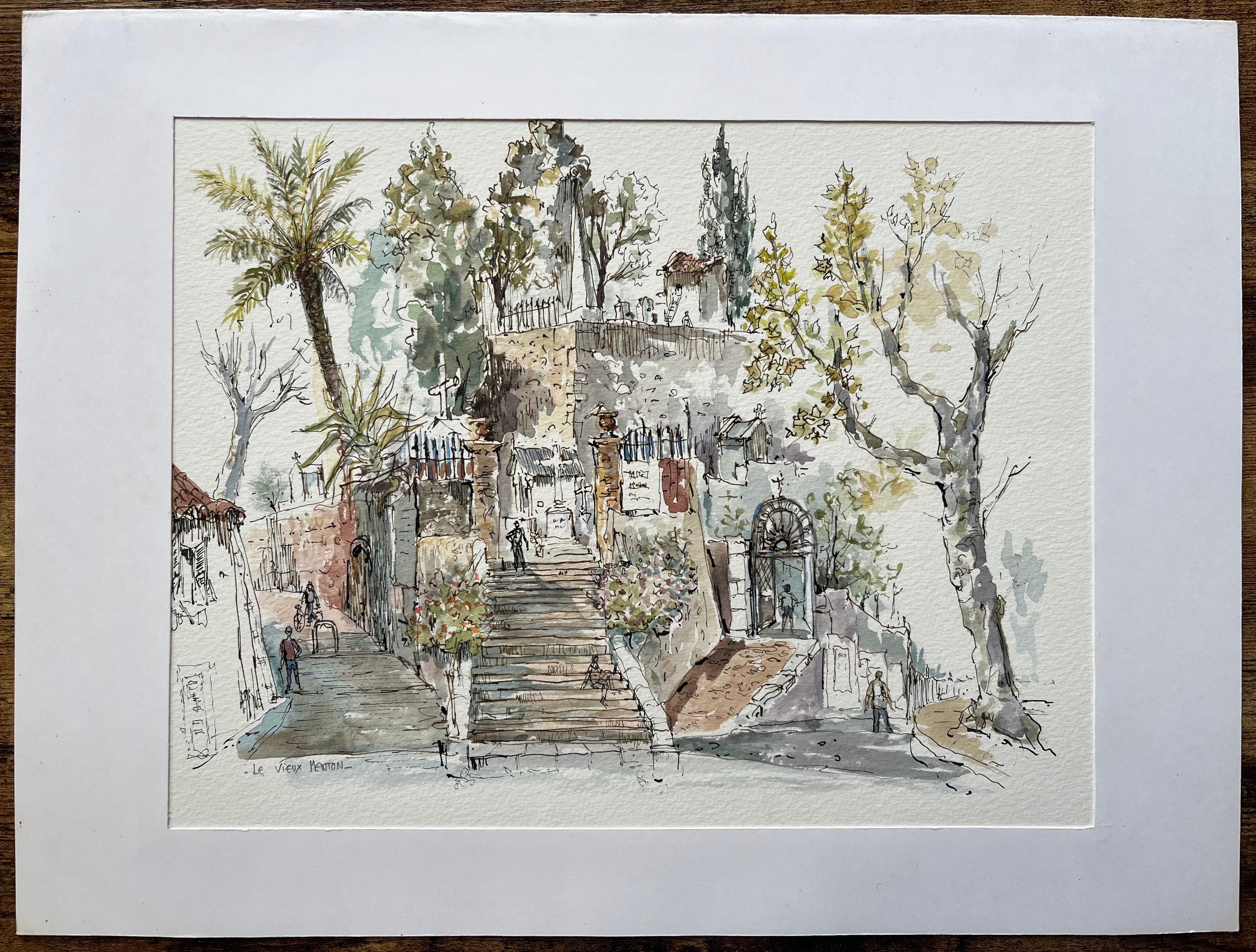 Acquerello francese della scalinata di Le Vieux Menton con architettura storica - Art di Robert Lepine (1929 - 2017)