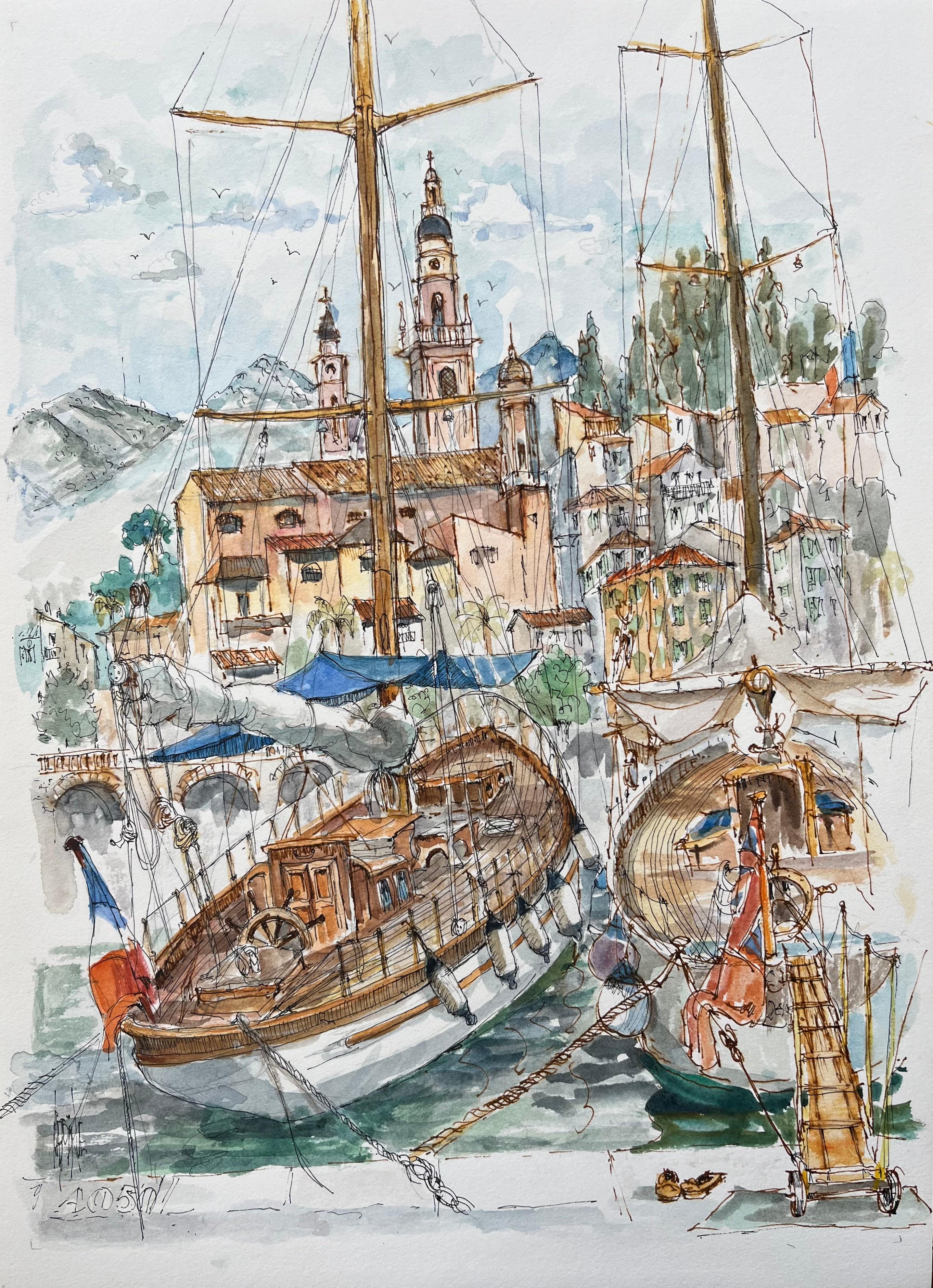 French Watercolor of Menton Harbor with Boats and Historic Skyline