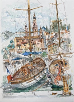 French Watercolor of Menton Harbor with Boats and Historic Skyline