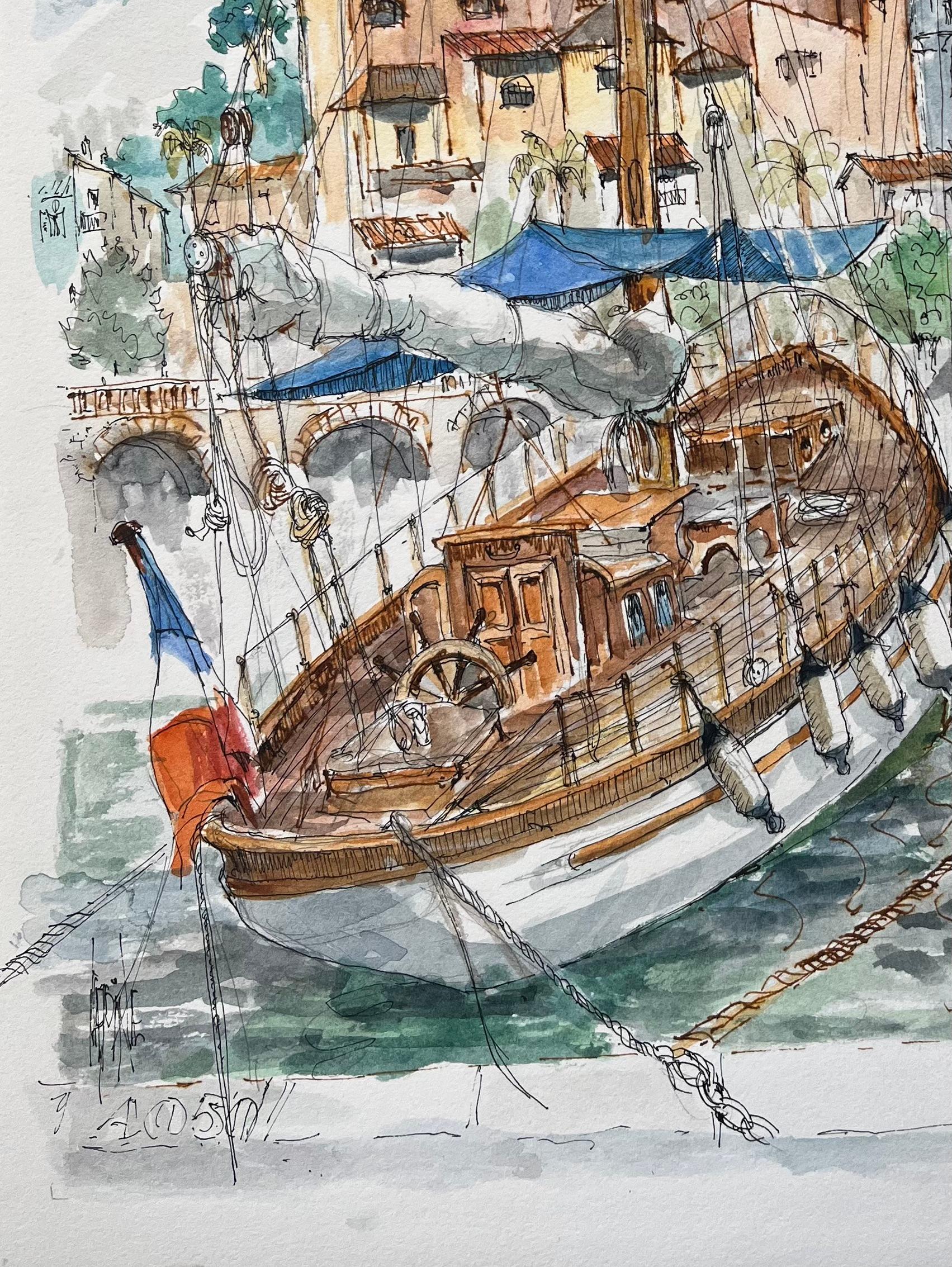 Französisches Aquarell des Hafens von Menton mit Booten und historischer Skyline (Grau), Landscape Painting, von Robert Lepine (1929 - 2017)