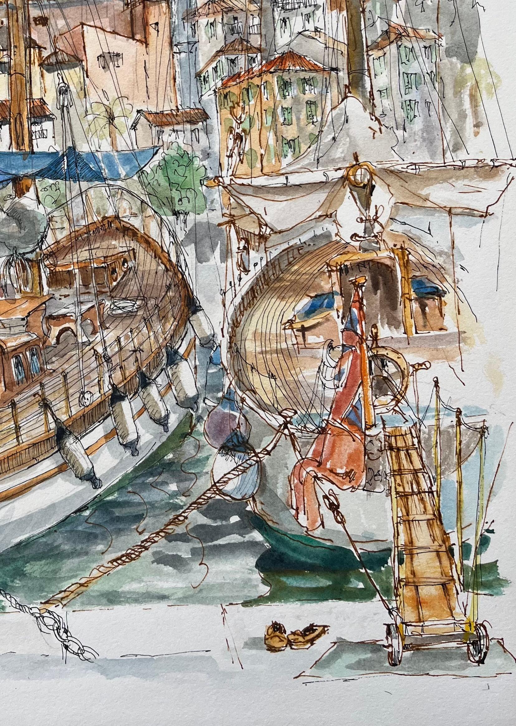 Französisches Aquarell des Hafens von Menton mit Booten und historischer Skyline (Französische Schule), Painting, von Robert Lepine (1929 - 2017)