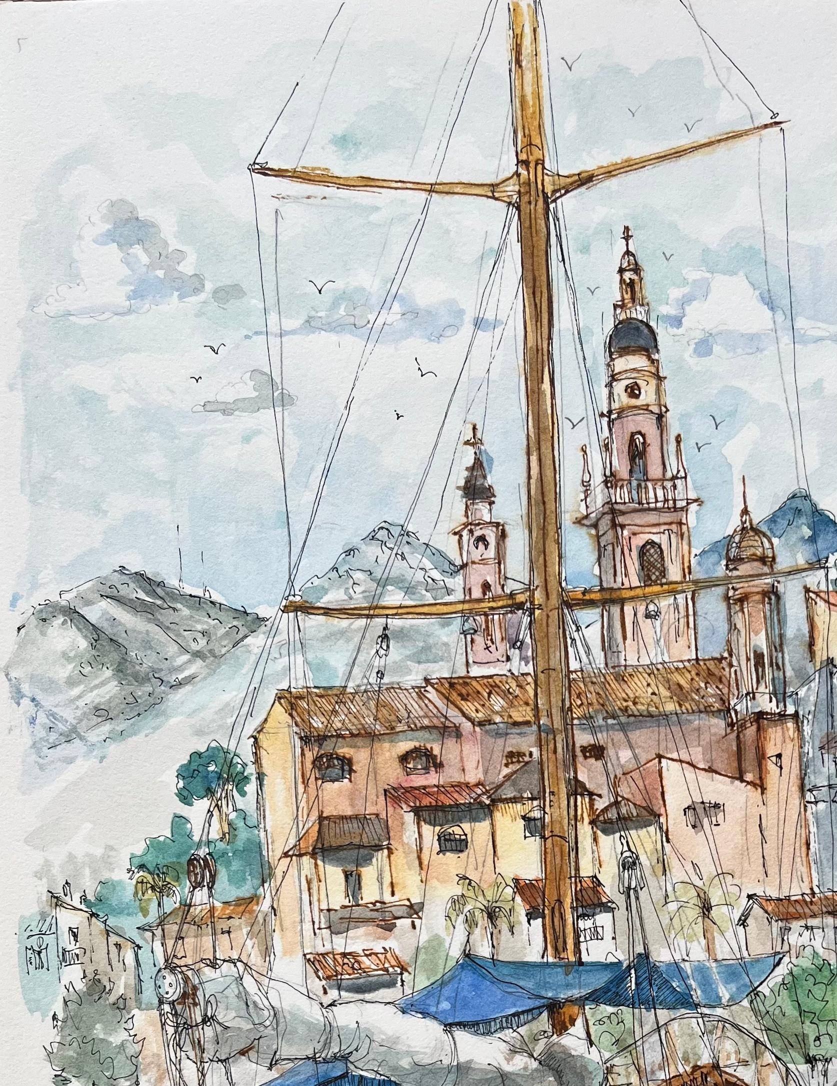 Titel: Französisches Aquarell des Hafens von Menton mit Booten und historischer Skyline
von Robert Lepine (Franzose, 1929 - 2017)
Unterschrieben: Ja
Medium: Aquarellmalerei auf Künstlerpapier
Größe: 14,25 x 10,25 (Höhe x Breite)
Provenienz: Aus der