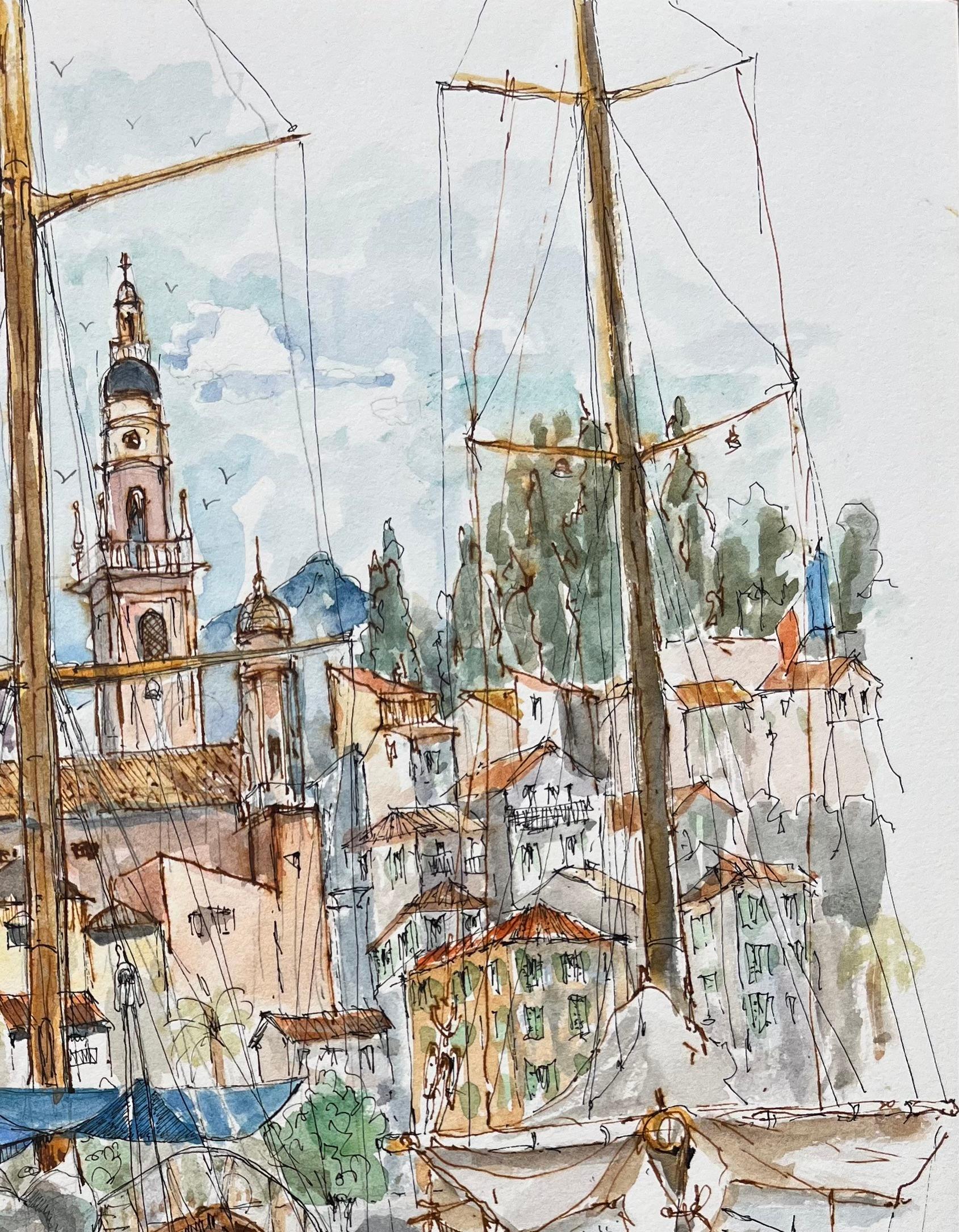 Französisches Aquarell des Hafens von Menton mit Booten und historischer Skyline im Angebot 1