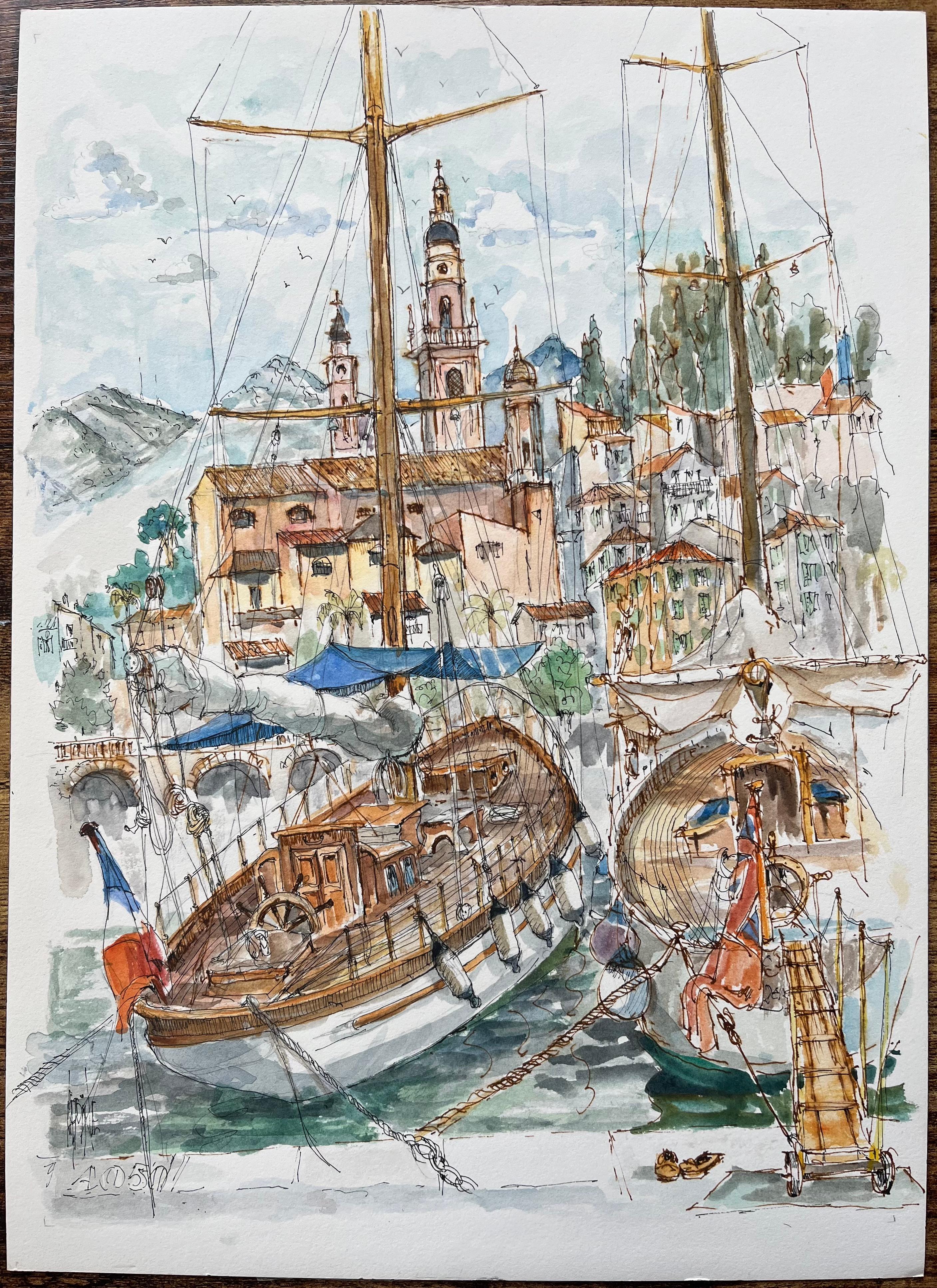 Französisches Aquarell des Hafens von Menton mit Booten und historischer Skyline – Painting von Robert Lepine (1929 - 2017)