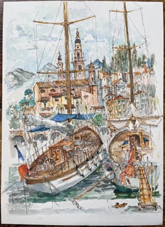 Acuarela francesa del puerto de Menton con barcos y horizonte histórico