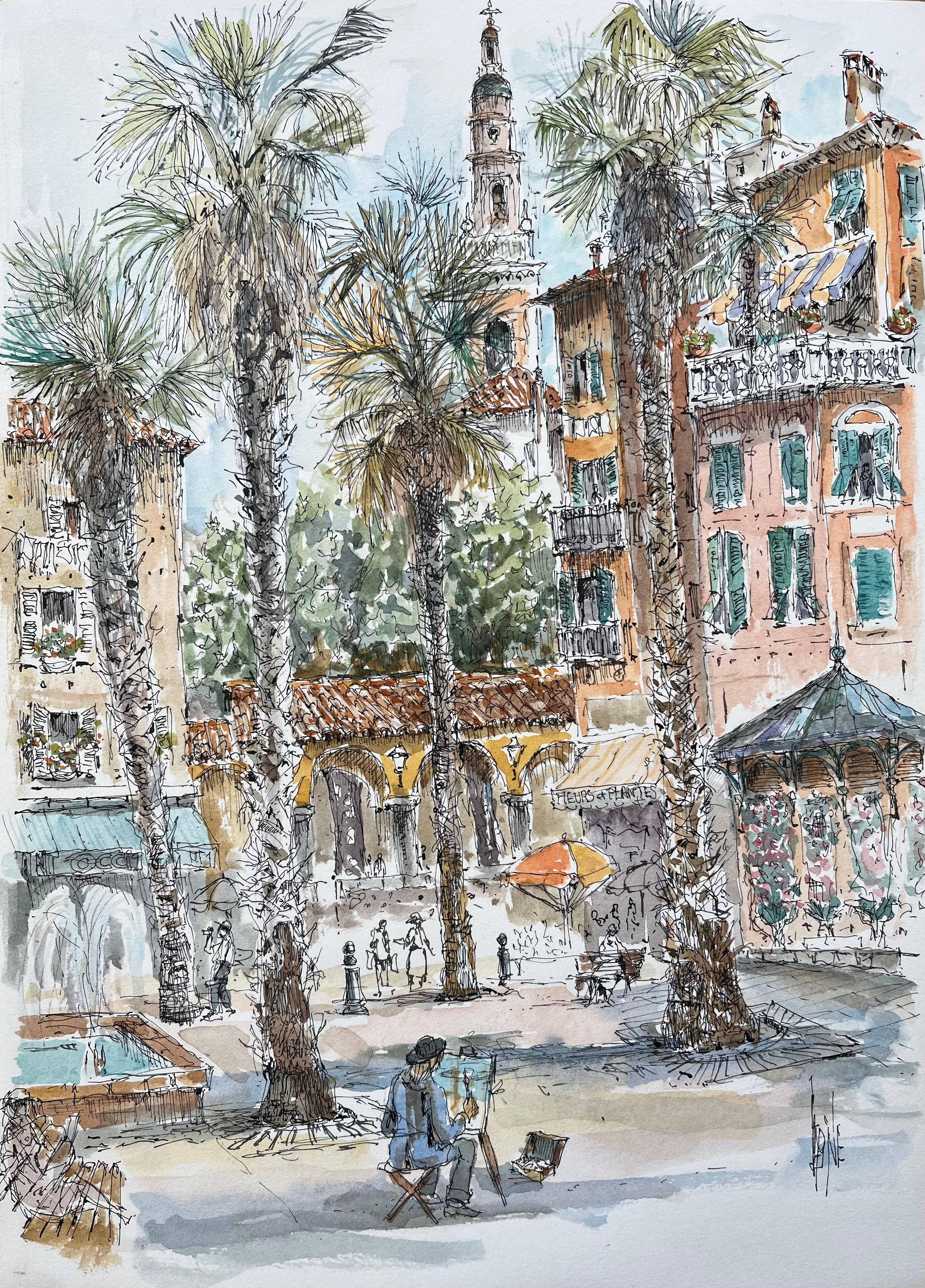 Acuarela Francesa de Plaza Vibrante con Pintor, Palmeras y Arquitectura