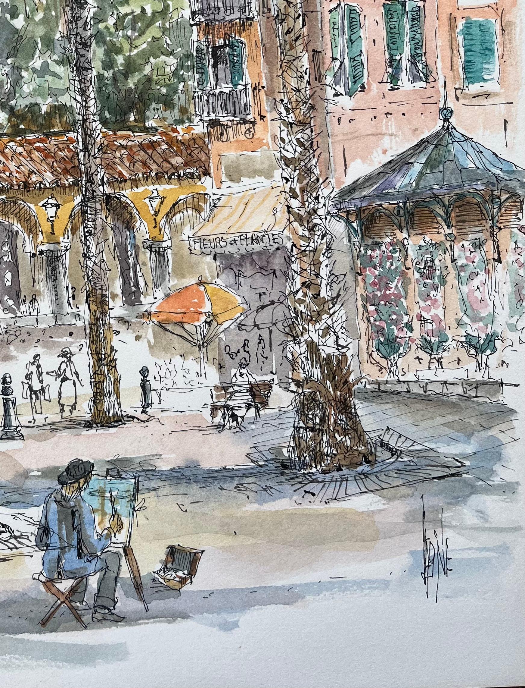 Französisches Aquarell eines lebhaften Quadrats mit Maler, Palmen und Architektur (Französische Schule), Painting, von Robert Lepine (1929 - 2017)