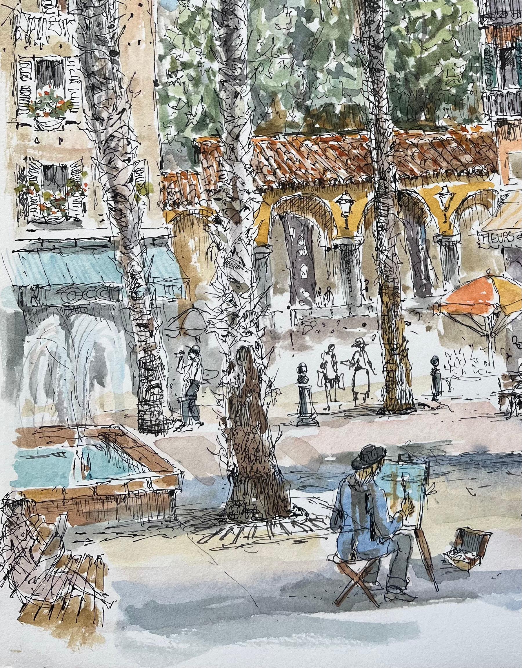 Titel: Französisches Aquarell eines lebendigen Platzes mit Maler, Palmen und Architektur
von Robert Lepine (Franzose, 1929 - 2017)
Unterschrieben: Ja
Medium: Aquarellmalerei auf Künstlerpapier
Größe: 14,25 x 10,25 (Höhe x Breite)
Provenienz: Aus der