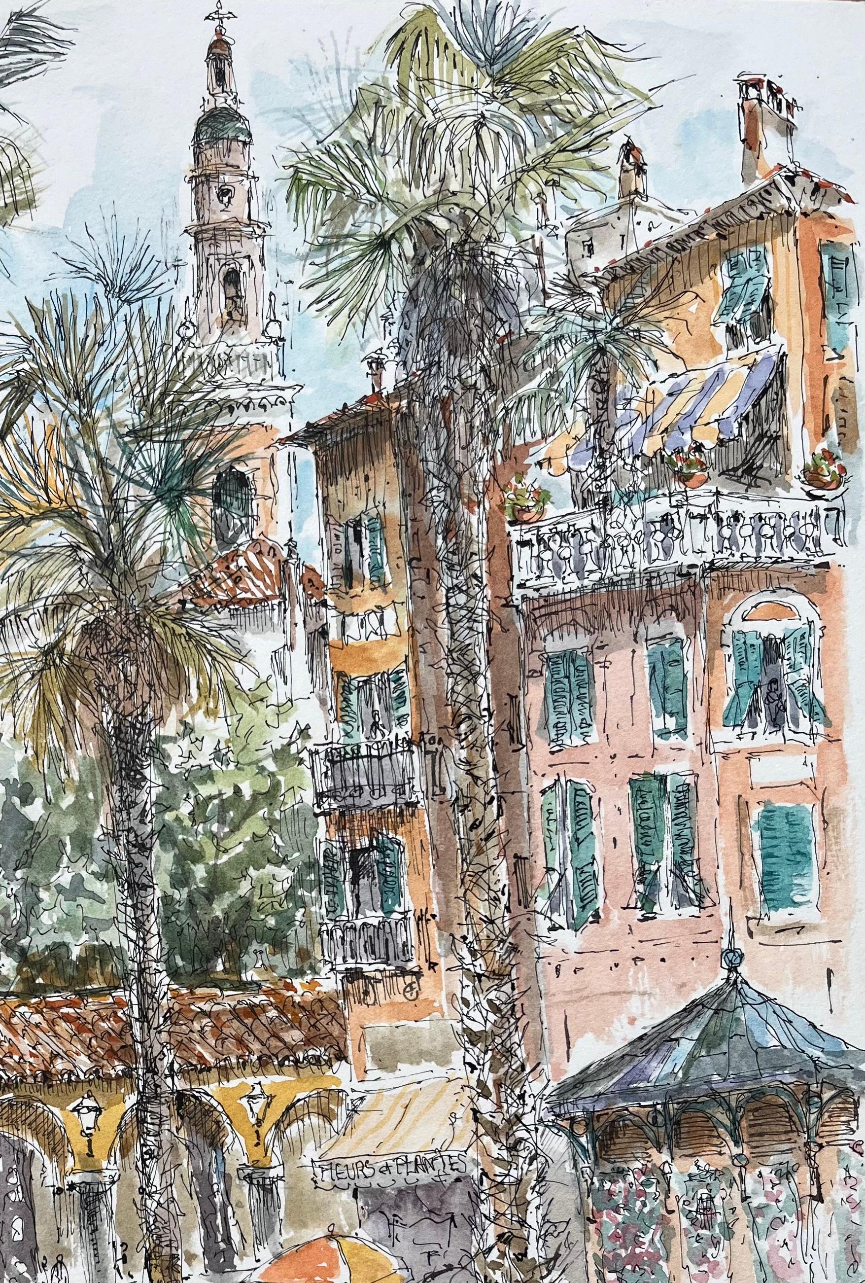 Französisches Aquarell eines lebhaften Quadrats mit Maler, Palmen und Architektur (Grau), Landscape Painting, von Robert Lepine (1929 - 2017)
