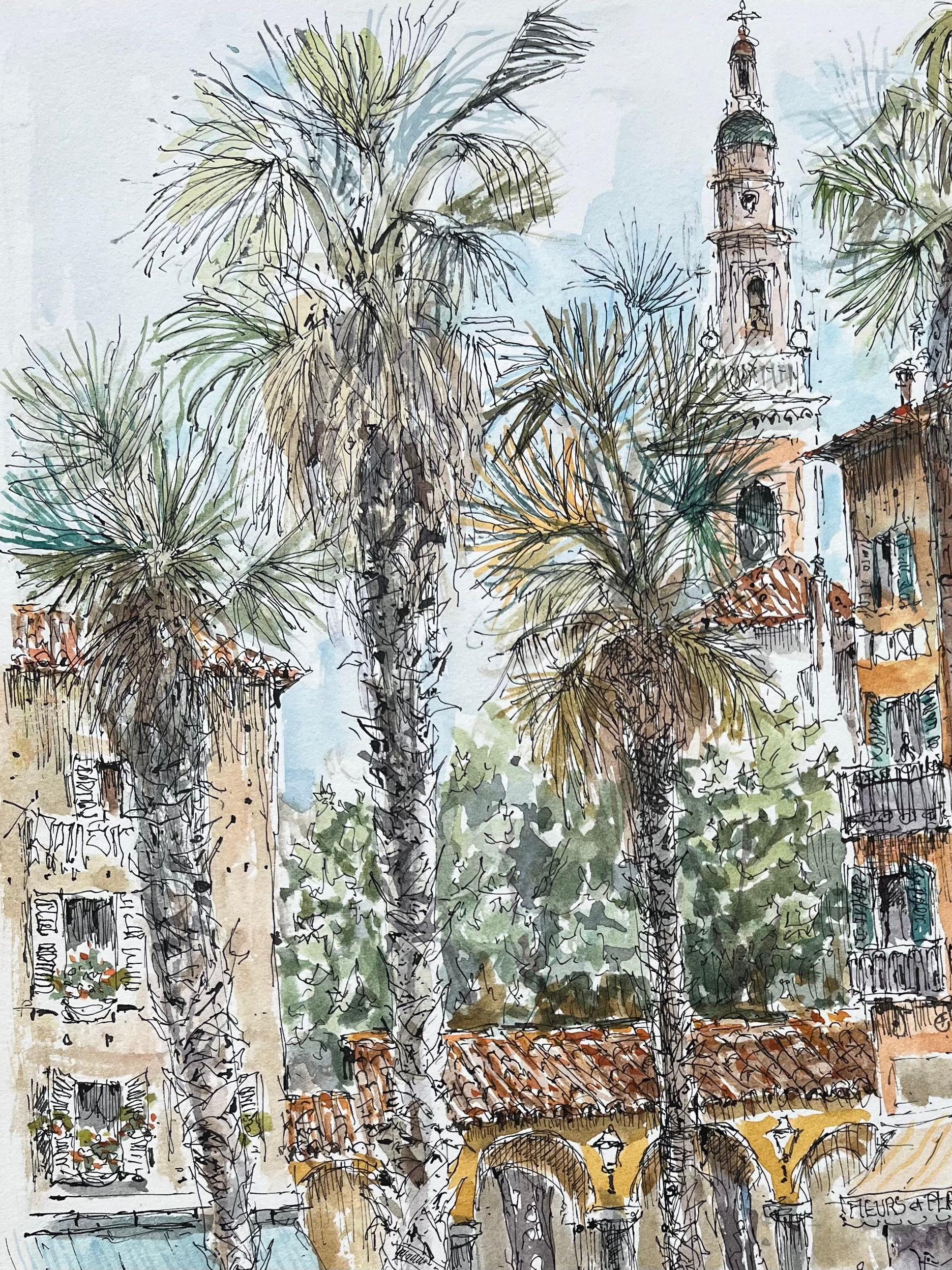 Französisches Aquarell eines lebhaften Quadrats mit Maler, Palmen und Architektur im Angebot 1