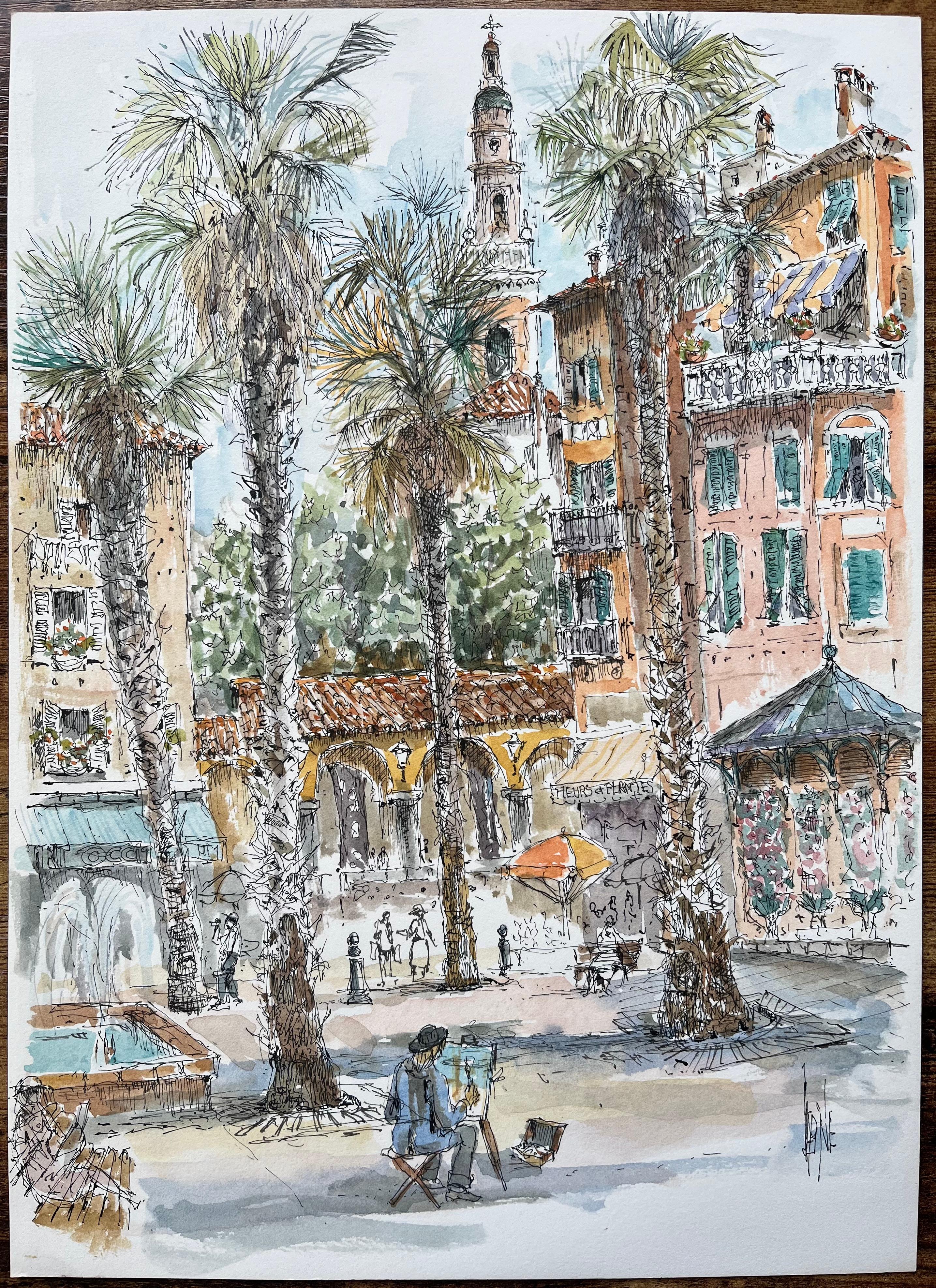 Französisches Aquarell eines lebhaften Quadrats mit Maler, Palmen und Architektur – Painting von Robert Lepine (1929 - 2017)