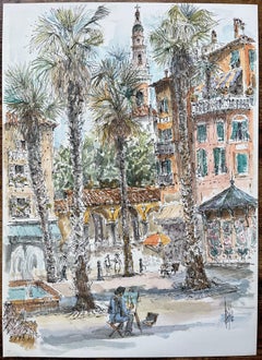 Französisches Aquarell eines lebhaften Quadrats mit Maler, Palmen und Architektur