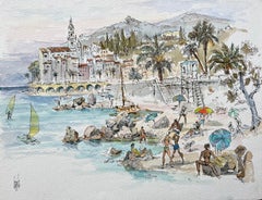 Acuarela francesa de escena costera con bañistas, veleros y arquitectura