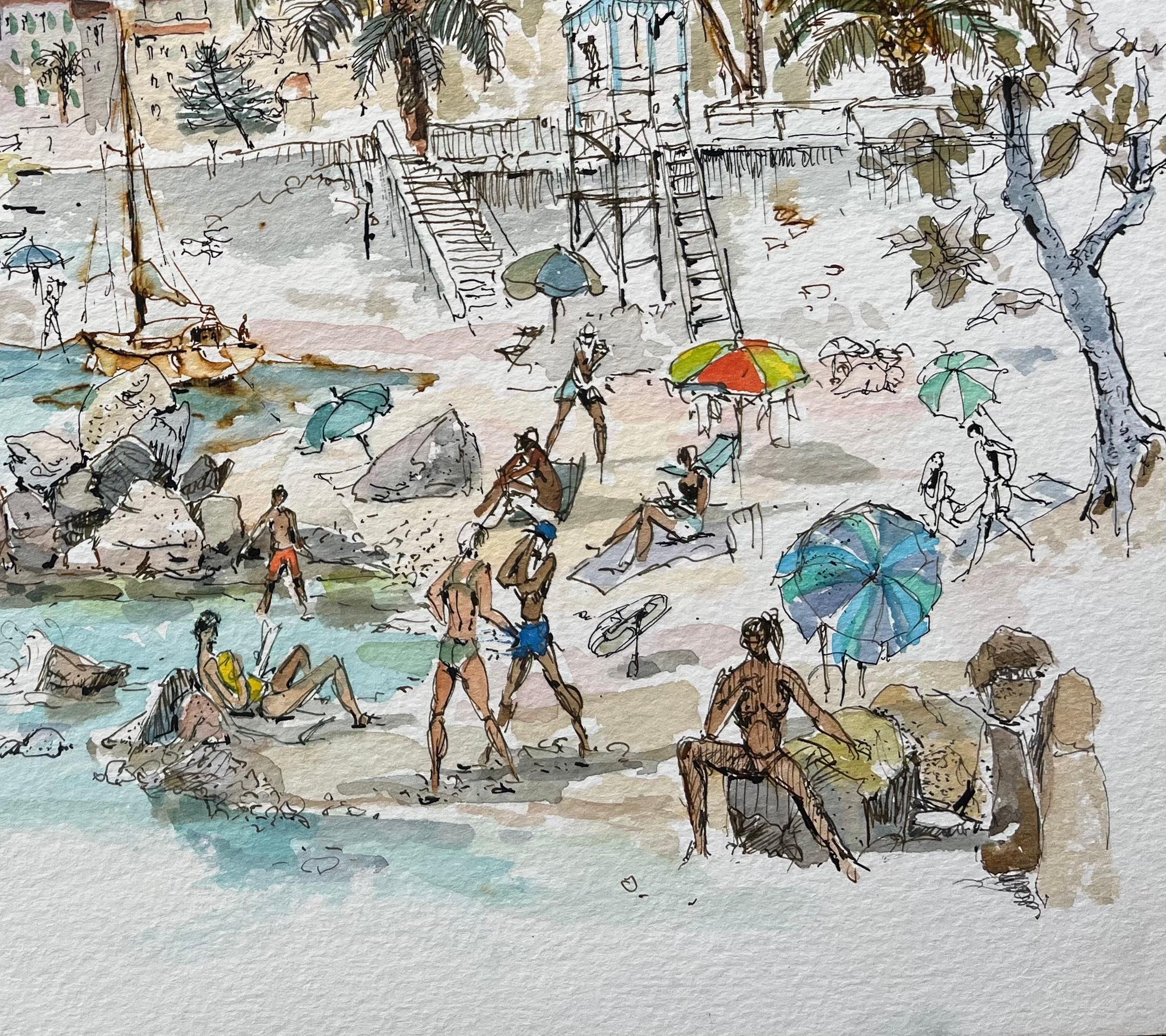 Acuarela francesa de escena costera con bañistas, veleros y arquitectura - Painting Escuela francesa de Robert Lepine (1929 - 2017)