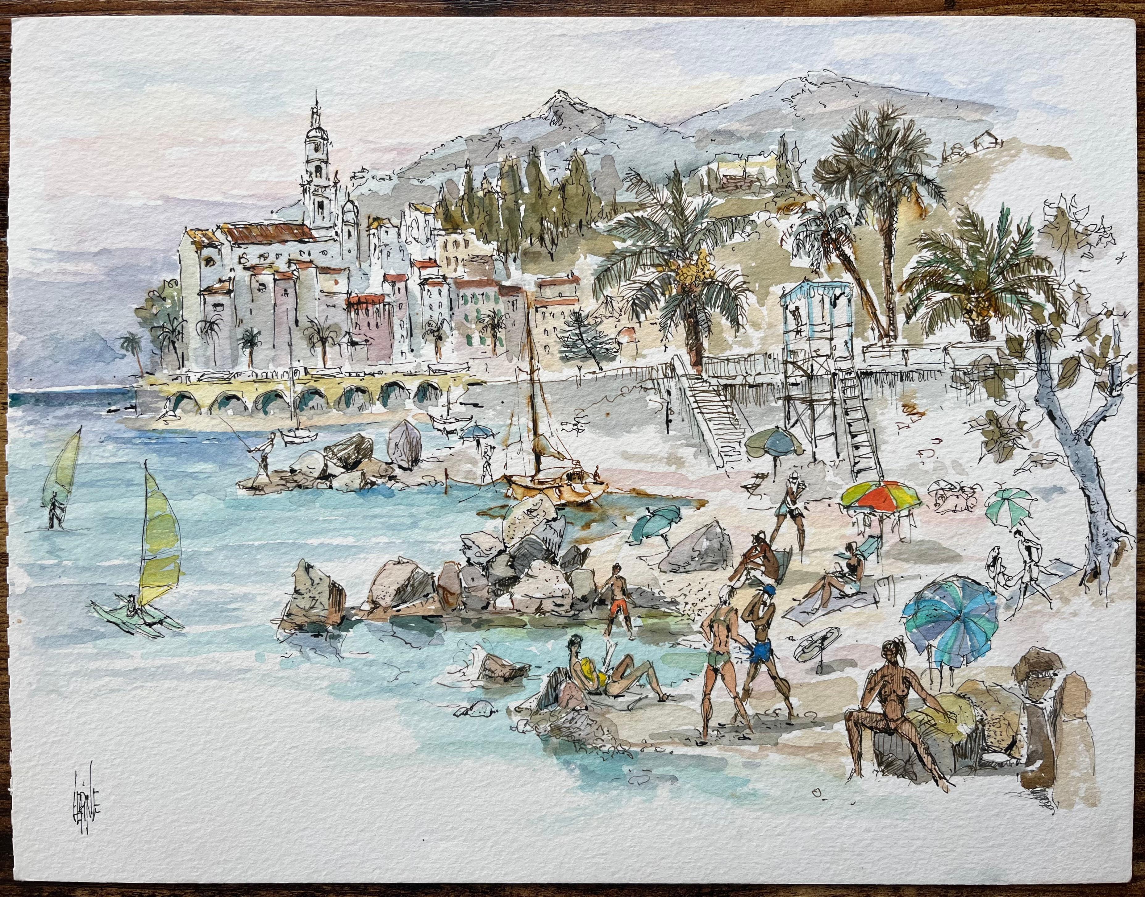 Acuarela francesa de escena costera con bañistas, veleros y arquitectura - Painting de Robert Lepine (1929 - 2017)