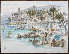 Acuarela francesa de escena costera con bañistas, veleros y arquitectura